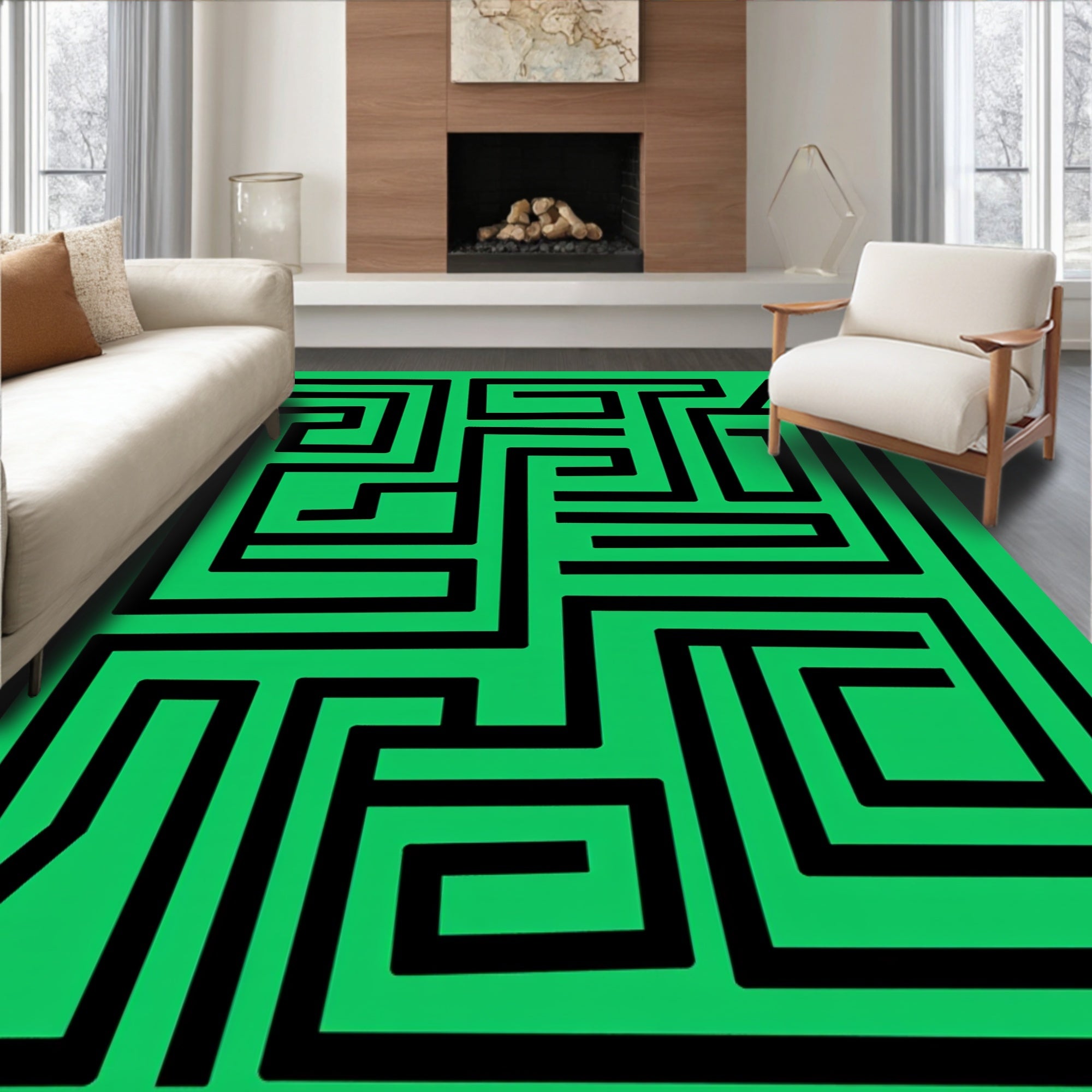 Green Black Maze Geometric Rug