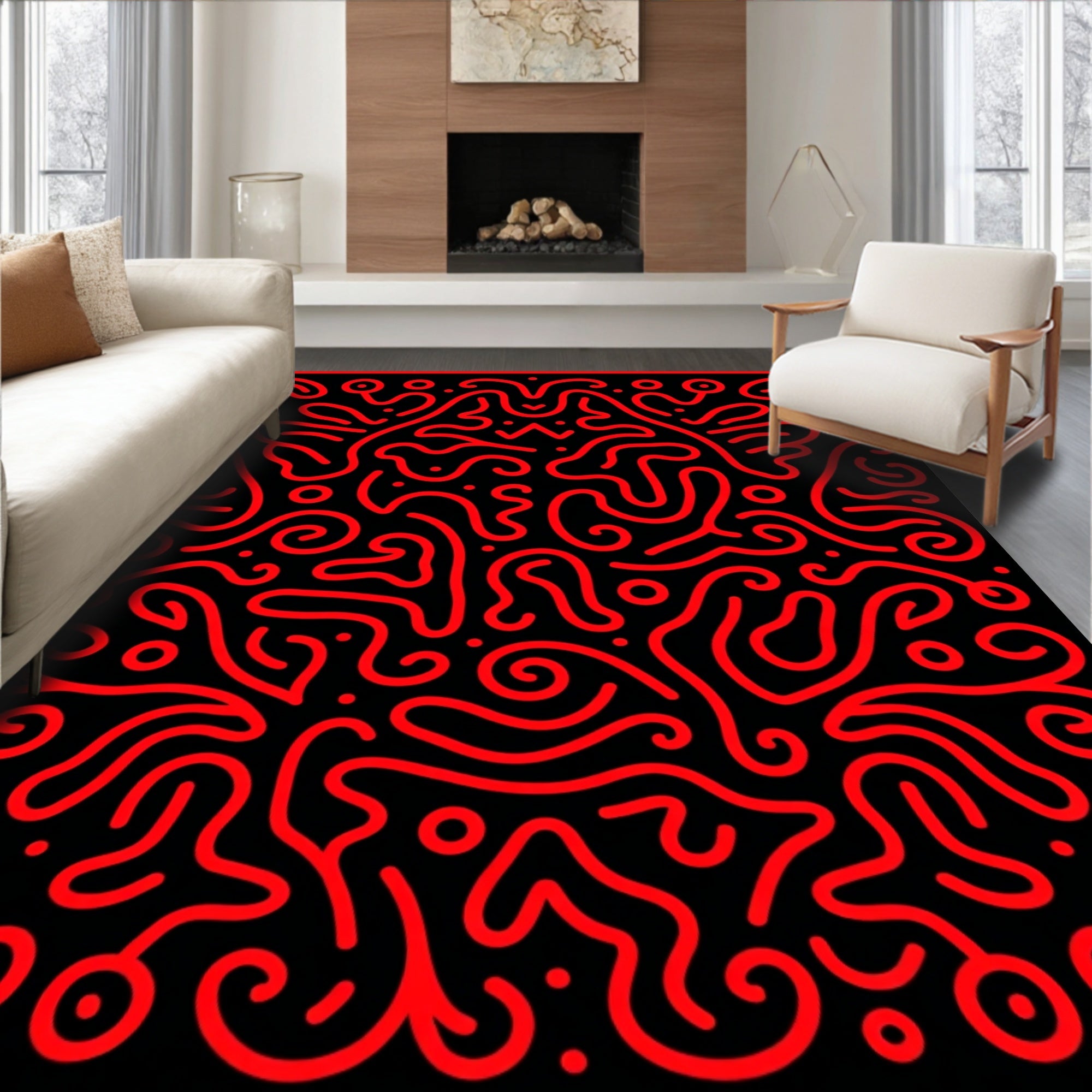 Fiery Red Abstract Swirls Rug