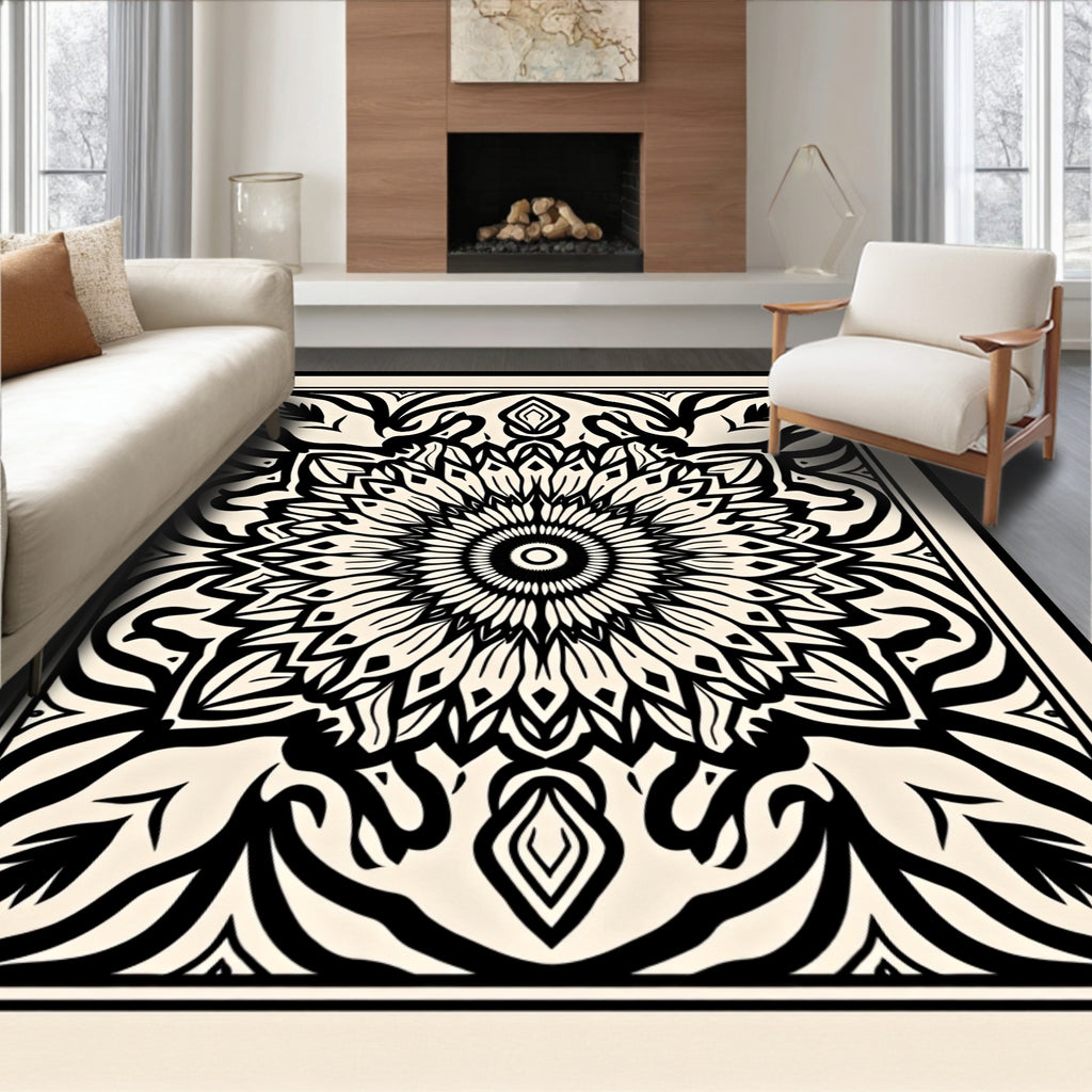 Cream Black Sunburst Mandala Rug