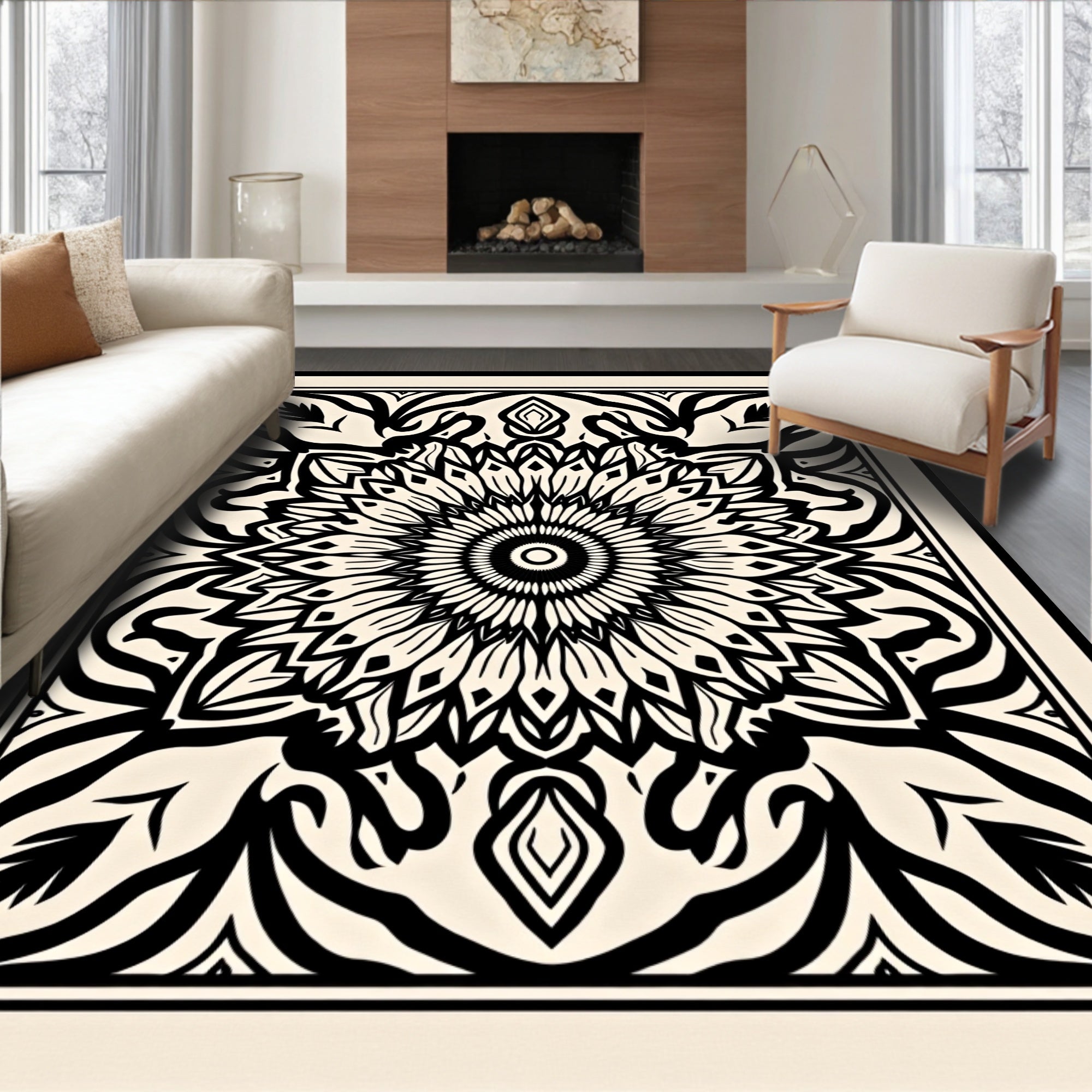 Cream Black Sunburst Mandala Rug