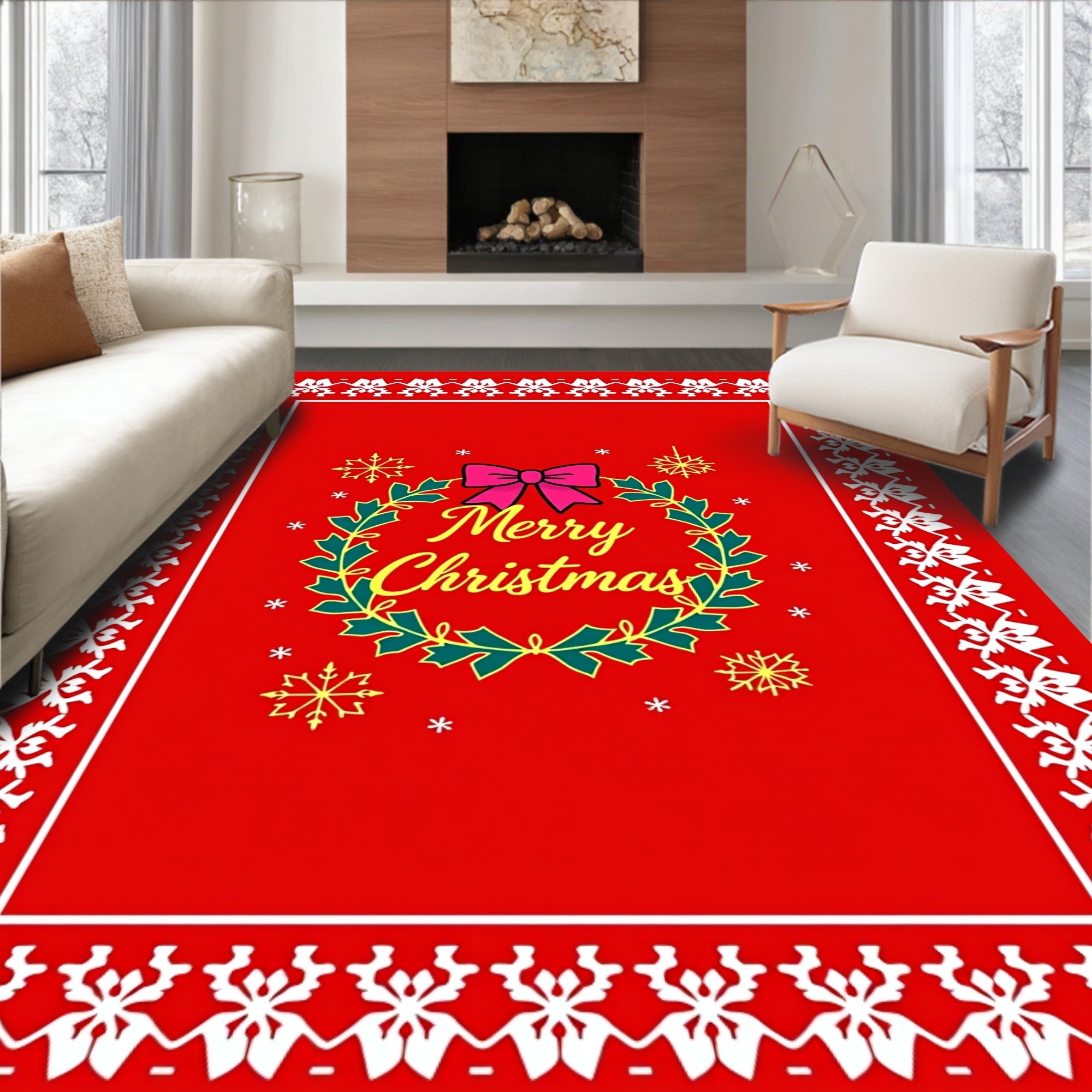 Red White Festive Holly Wreath Rug