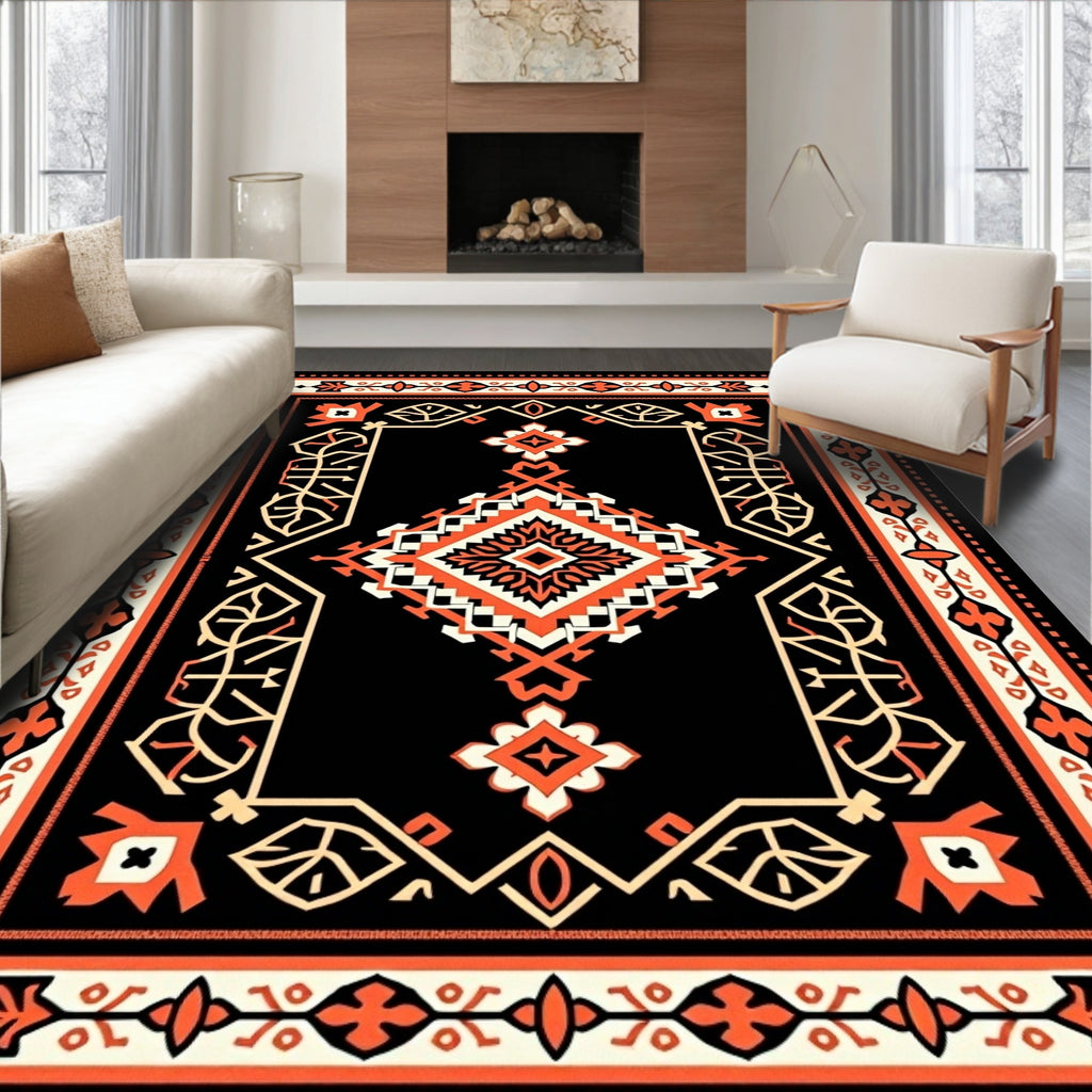 Bold Orange Black Geometric Medallion Art Rug