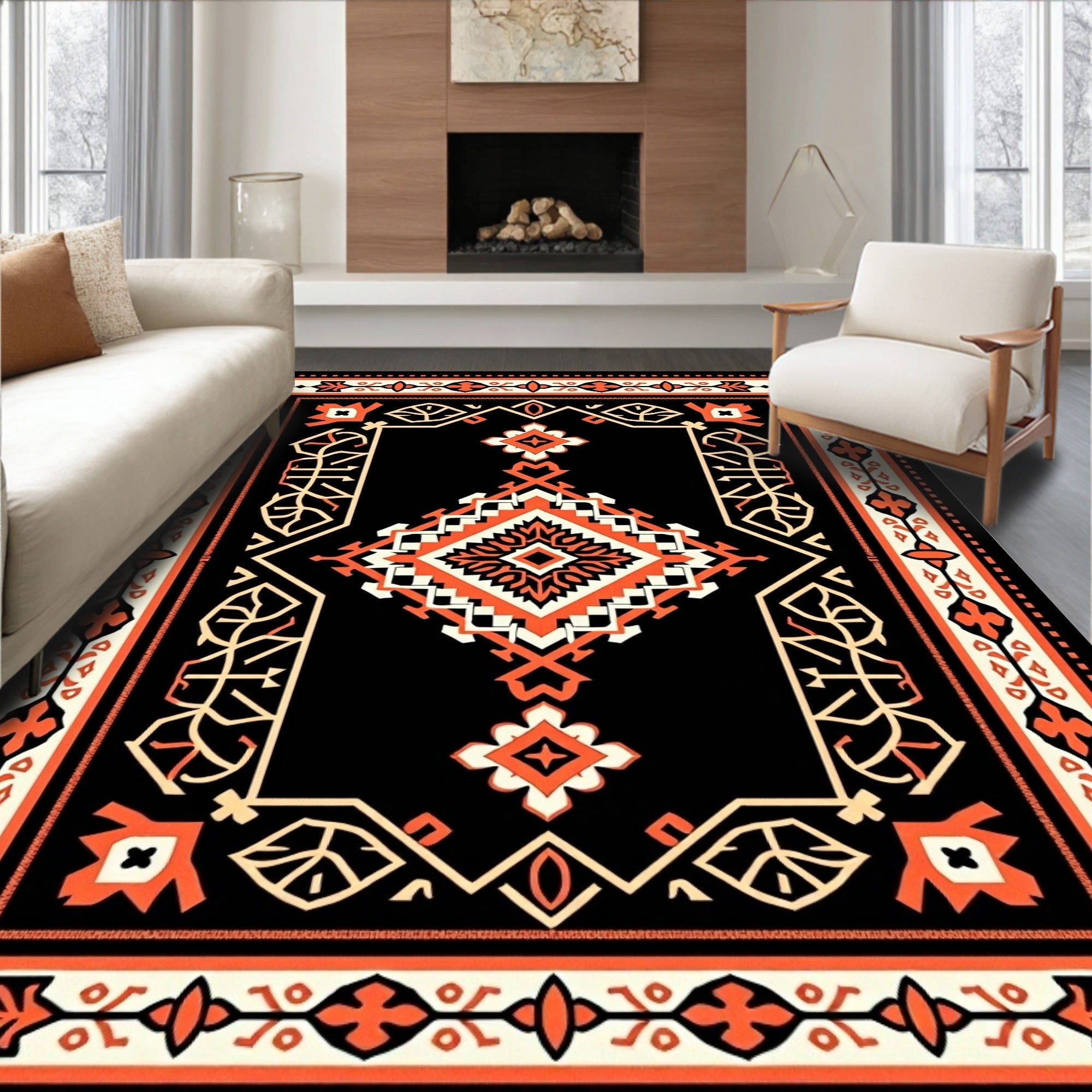 Bold Orange Black Geometric Medallion Art Rug