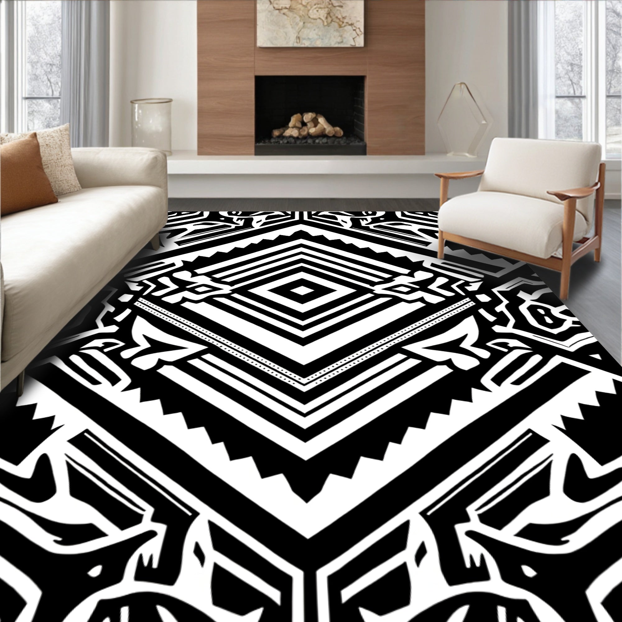Bold Black White Geometric Tribal Rug