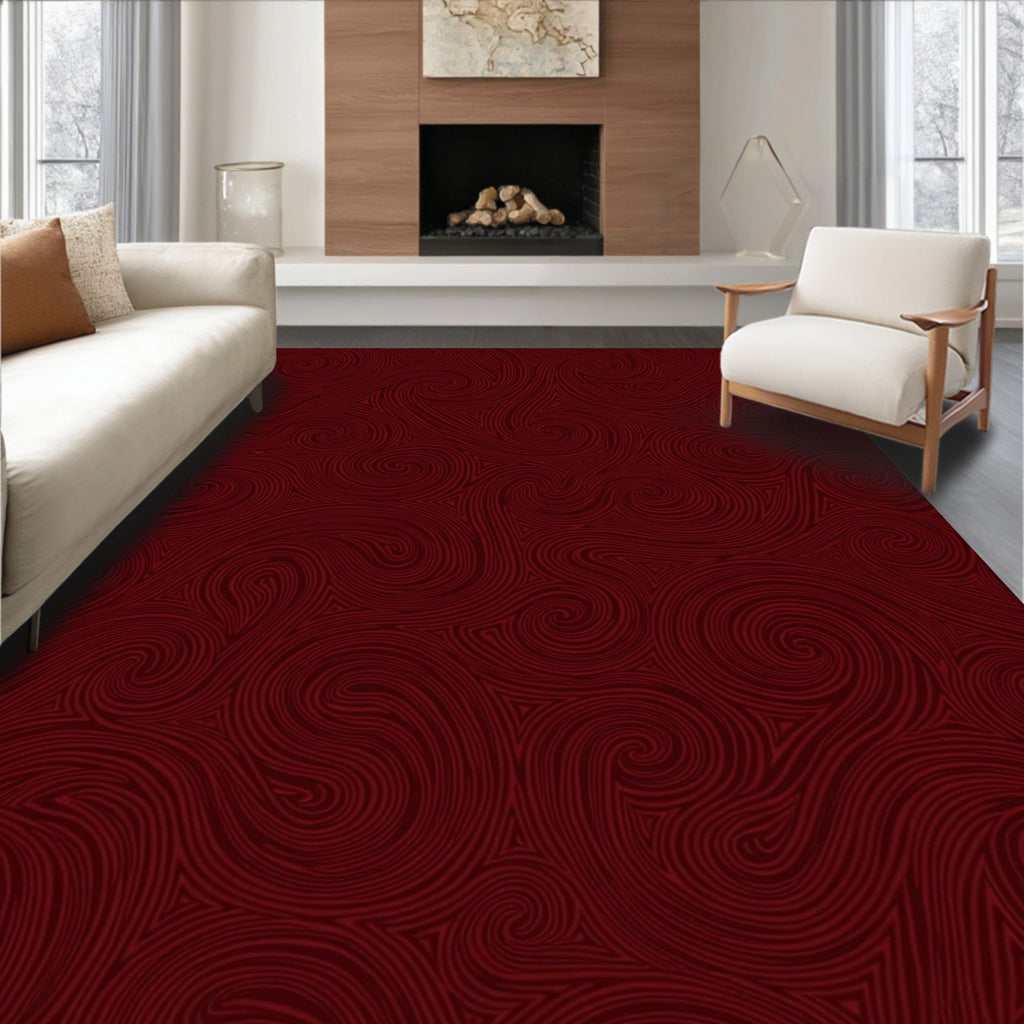 Dark Red Swirling Line Art Rug