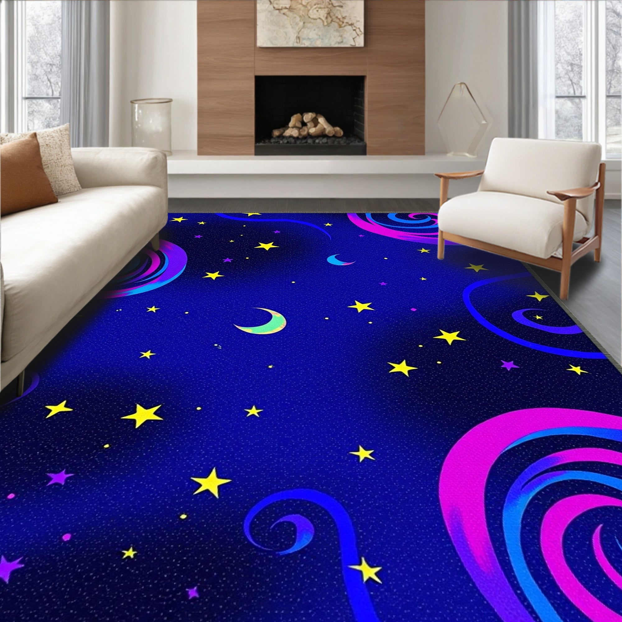 Cosmic Swirls Stars Moon Night Rug