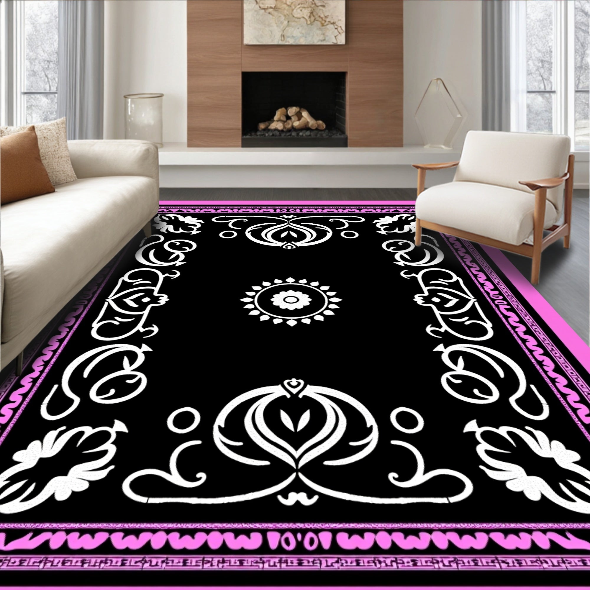 Black Pink White Floral Symmetry Rug
