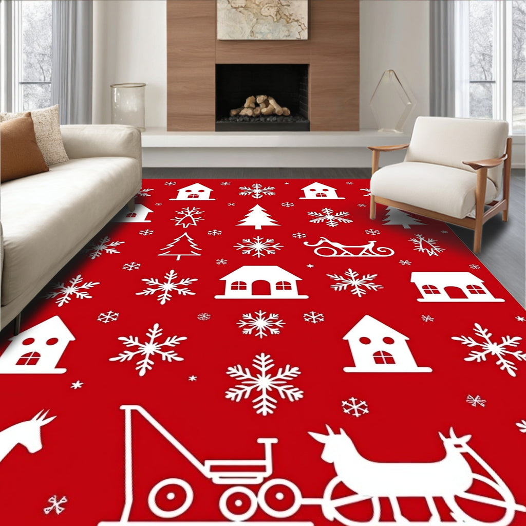 Red and White Winter Village Snowflakes Rug