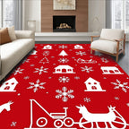Red and White Winter Village Snowflakes Rug