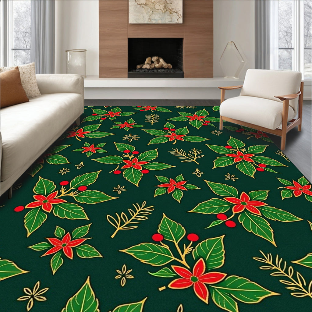 Holiday Poinsettia Red Green Gold Rug