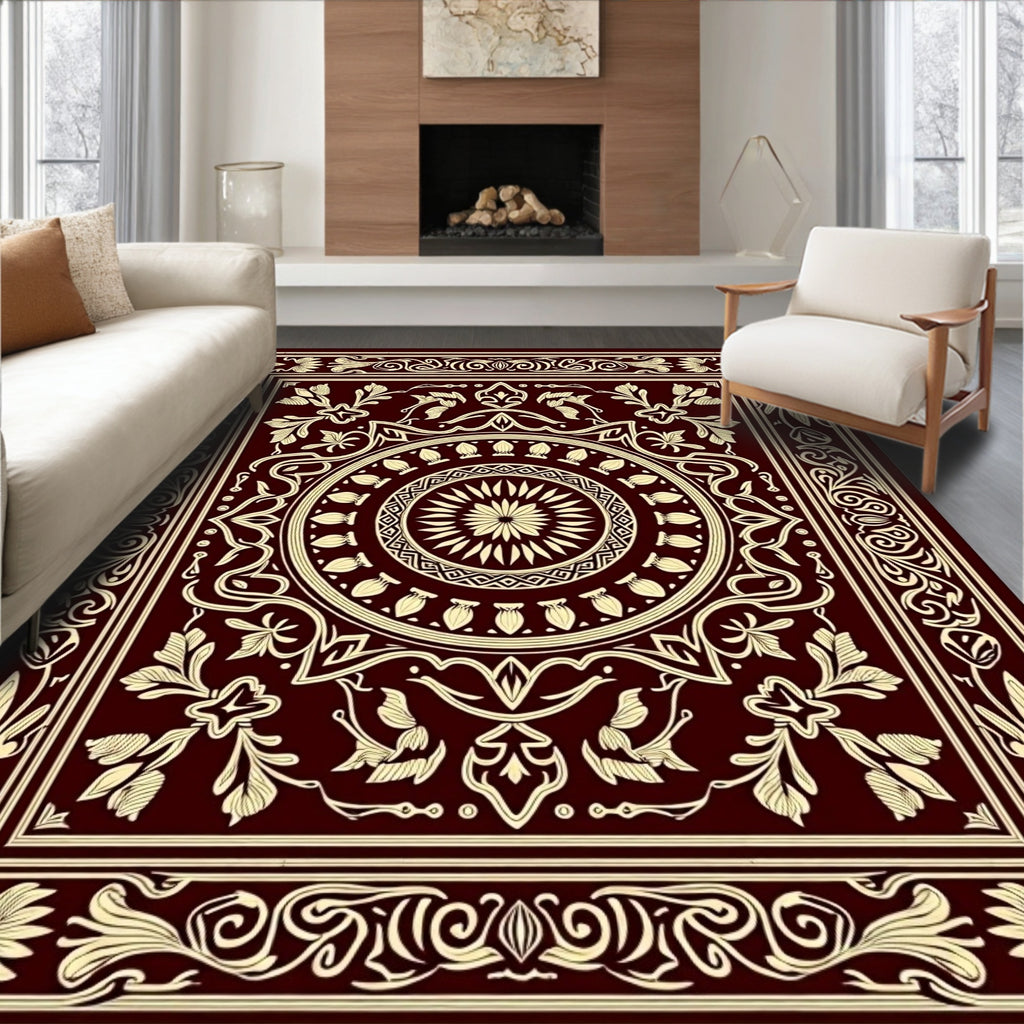 Maroon Cream Intricate Floral Medallion Rug