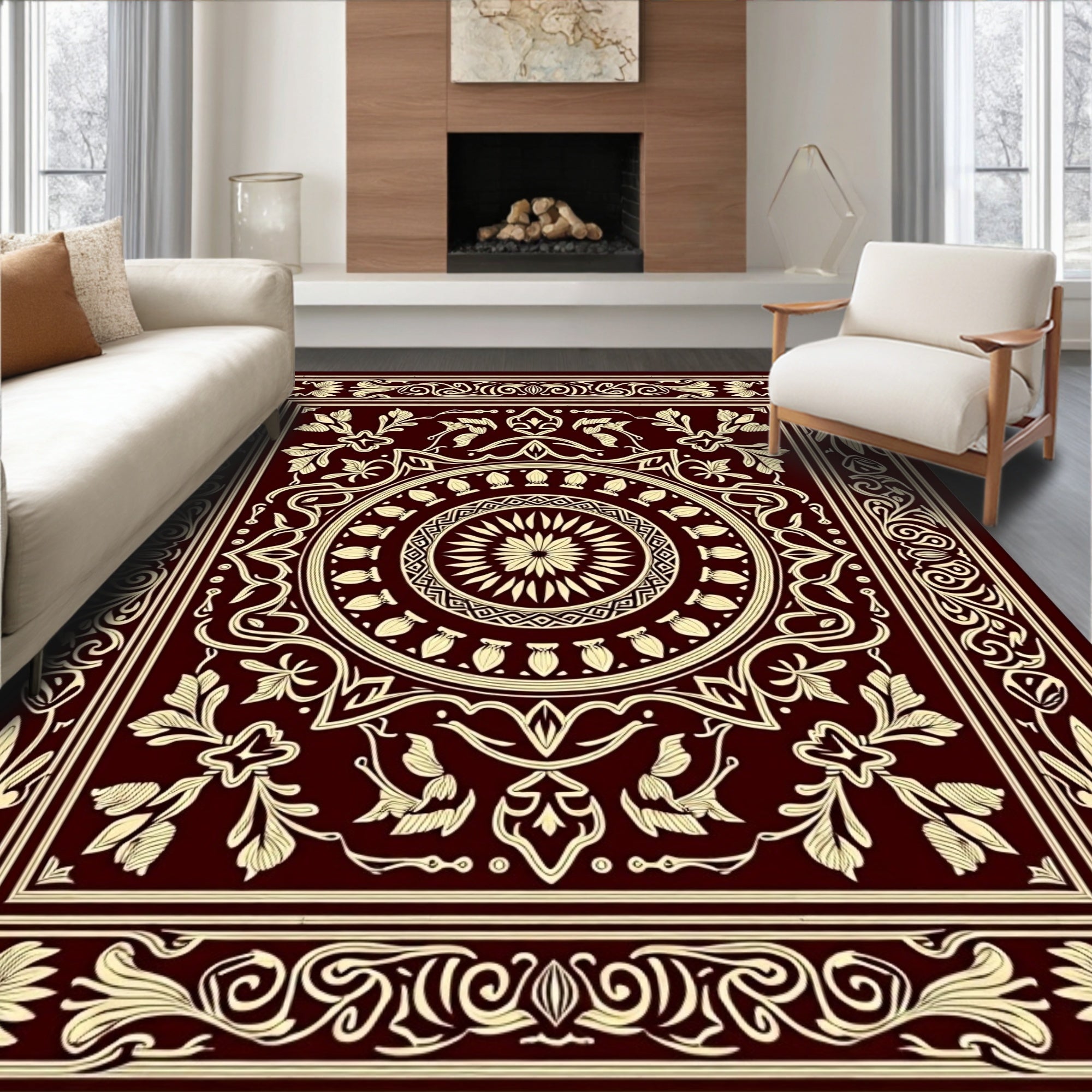 Maroon Cream Intricate Floral Medallion Rug
