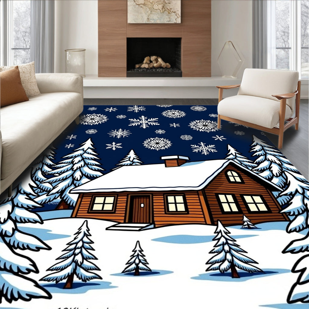 Cozy Winter Cabin Snowflake Scene Rug
