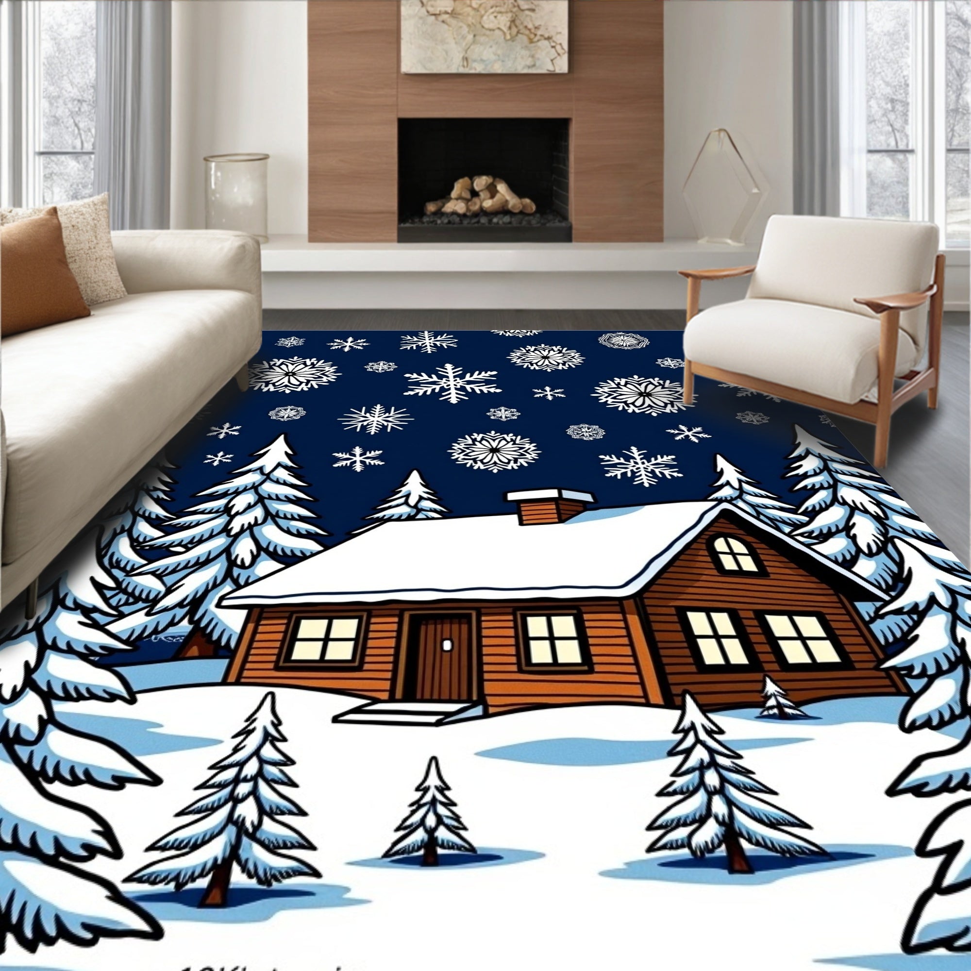 Cozy Winter Cabin Snowflake Scene Rug