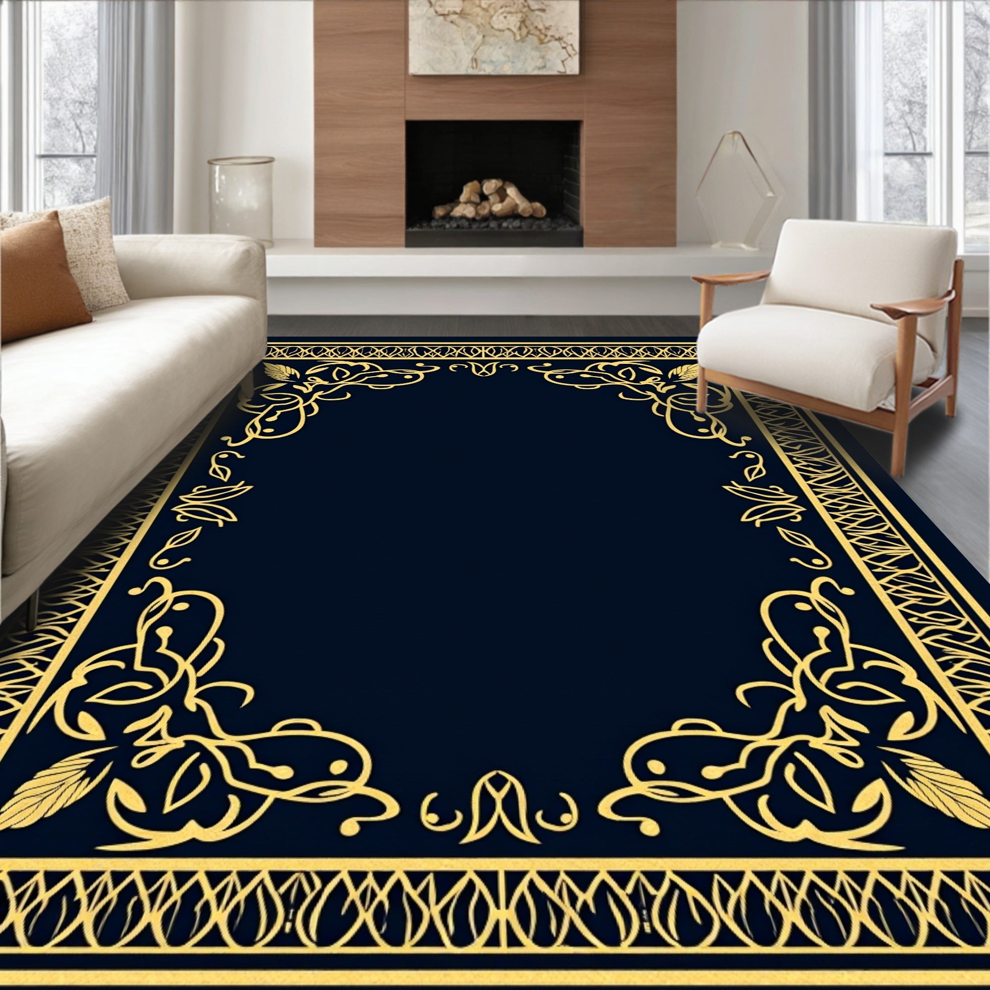 Ornate Gold Dark Blue Floral Border Rug