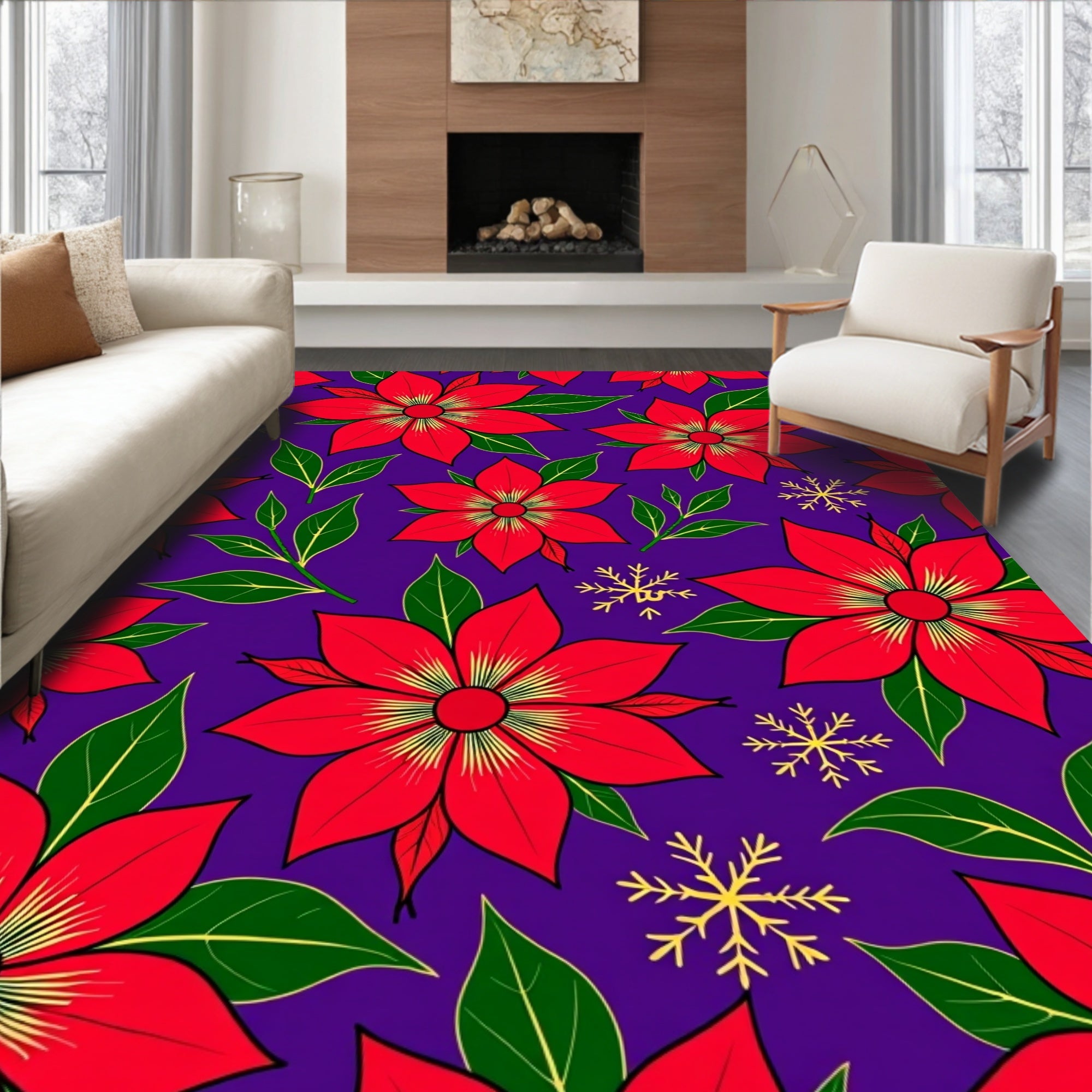 Red Floral Snowflake Purple Background Rug