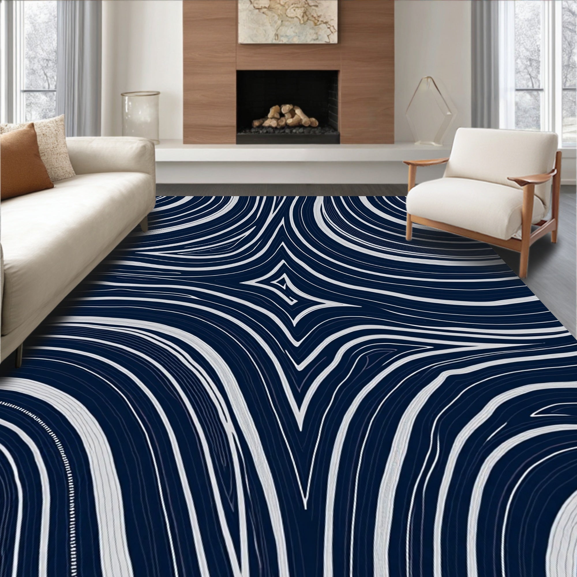 Deep Blue Swirl Organic Lines Rug