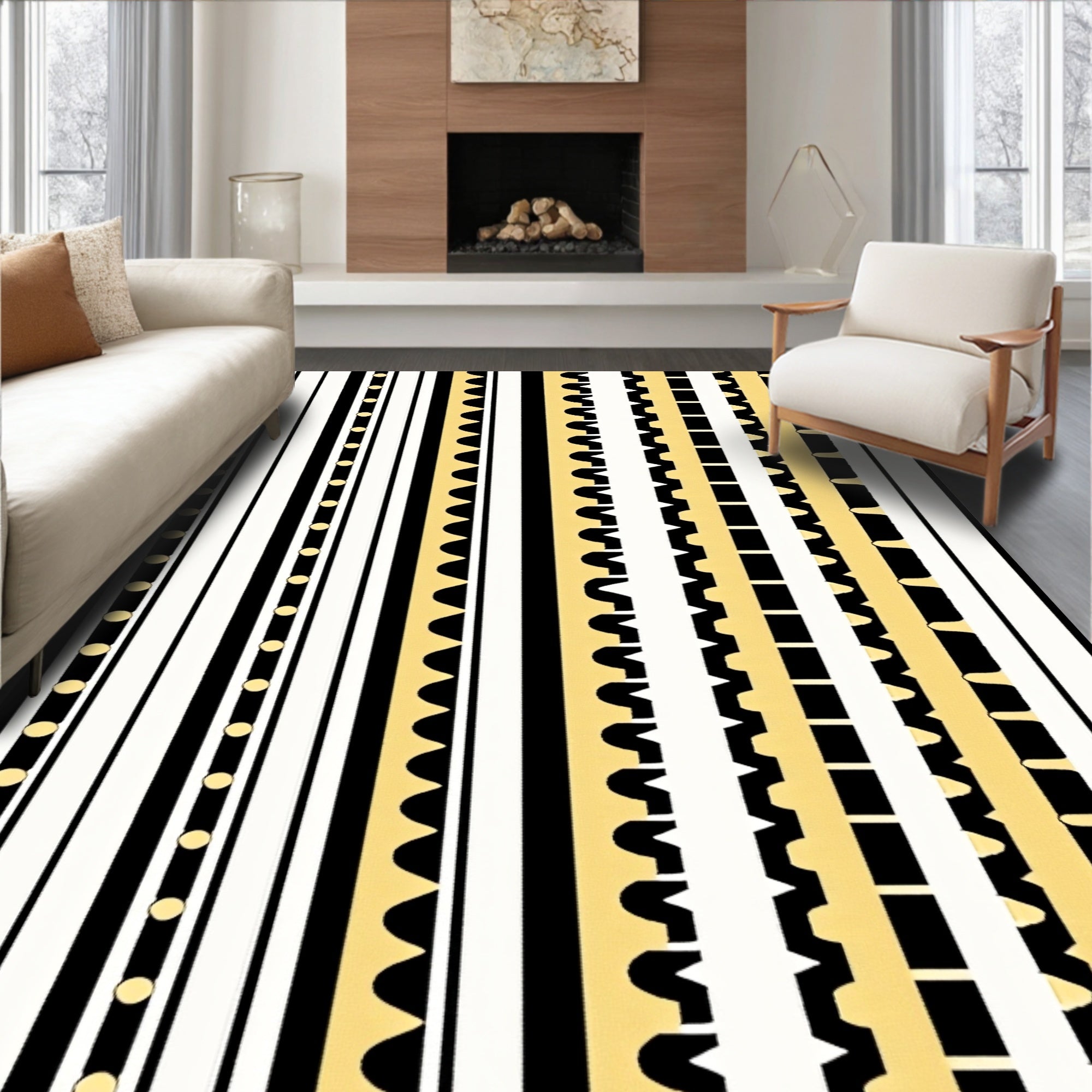 Black White Gold Geometric Stripe Rug