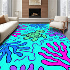 Whimsical Teal Sea Turtle Coral Reef Rug