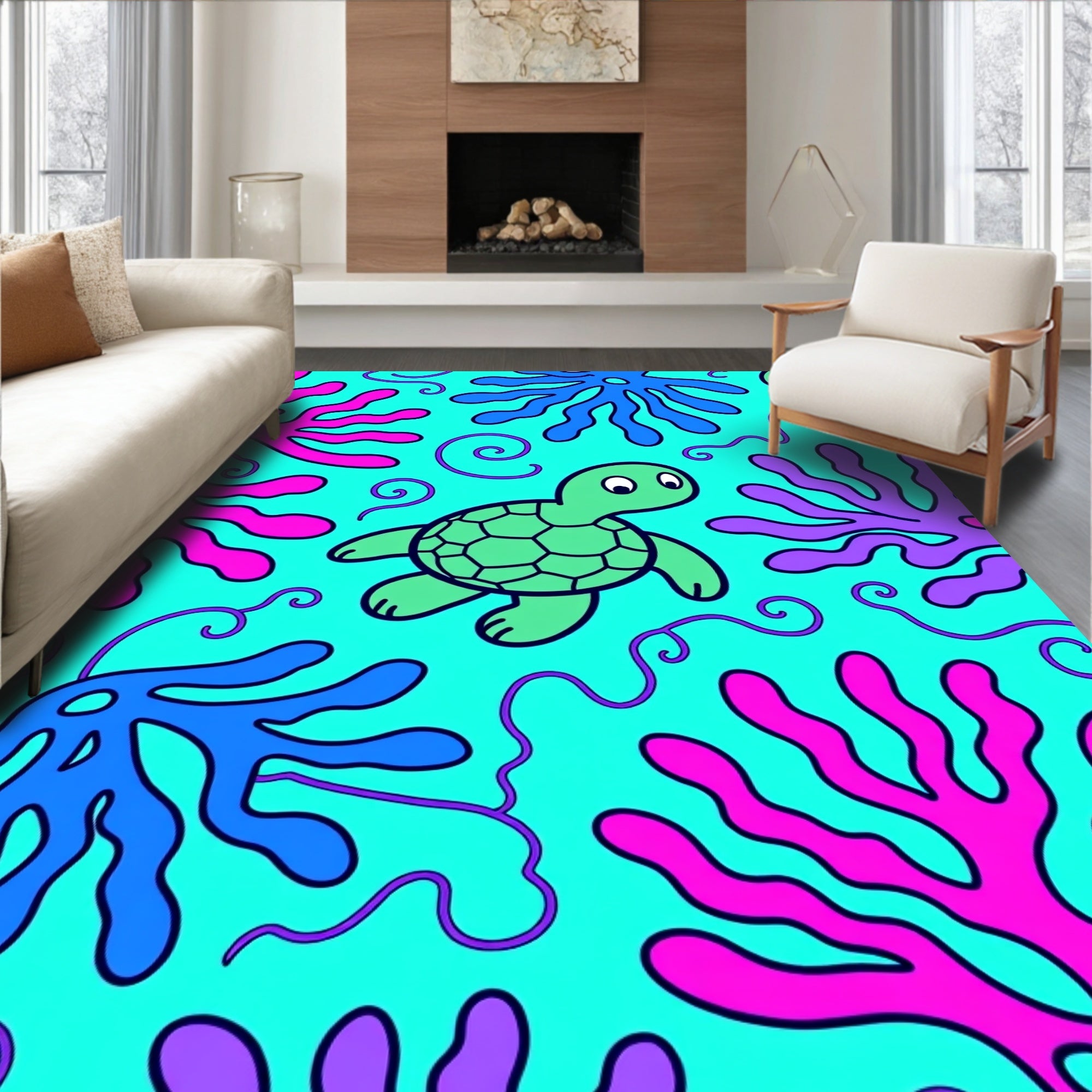 Whimsical Teal Sea Turtle Coral Reef Rug