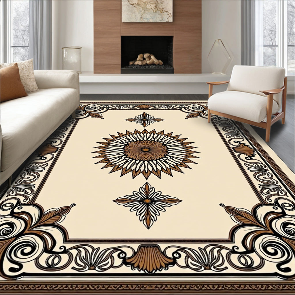 Rich Brown Ornate Medallion Frame Rug