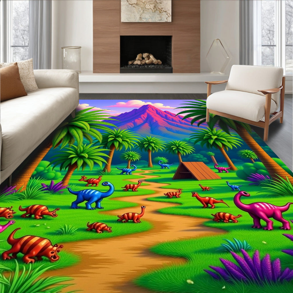 Vibrant Prehistoric Landscape With Dinosaurs Rug