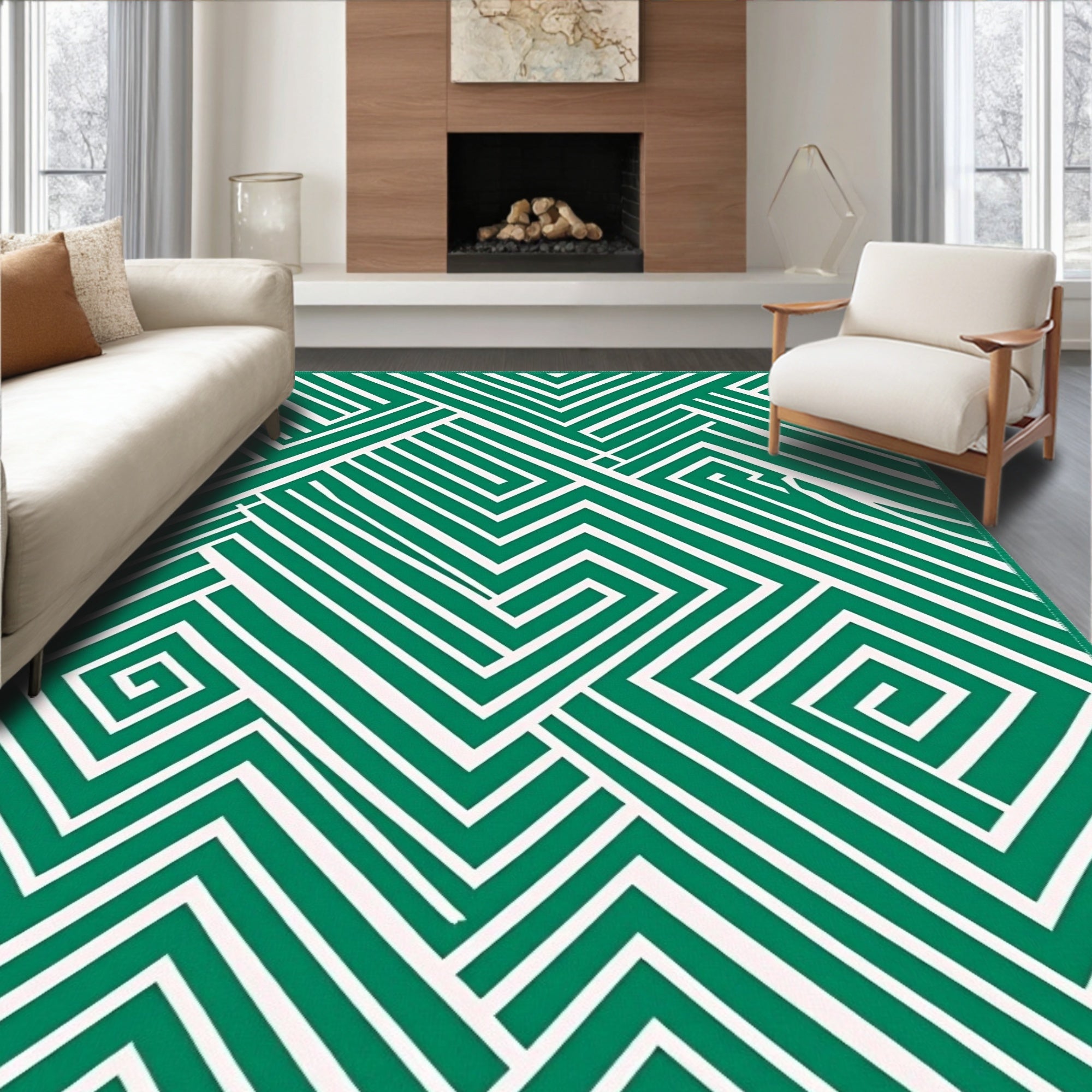 Green and White Geometric Maze Rug