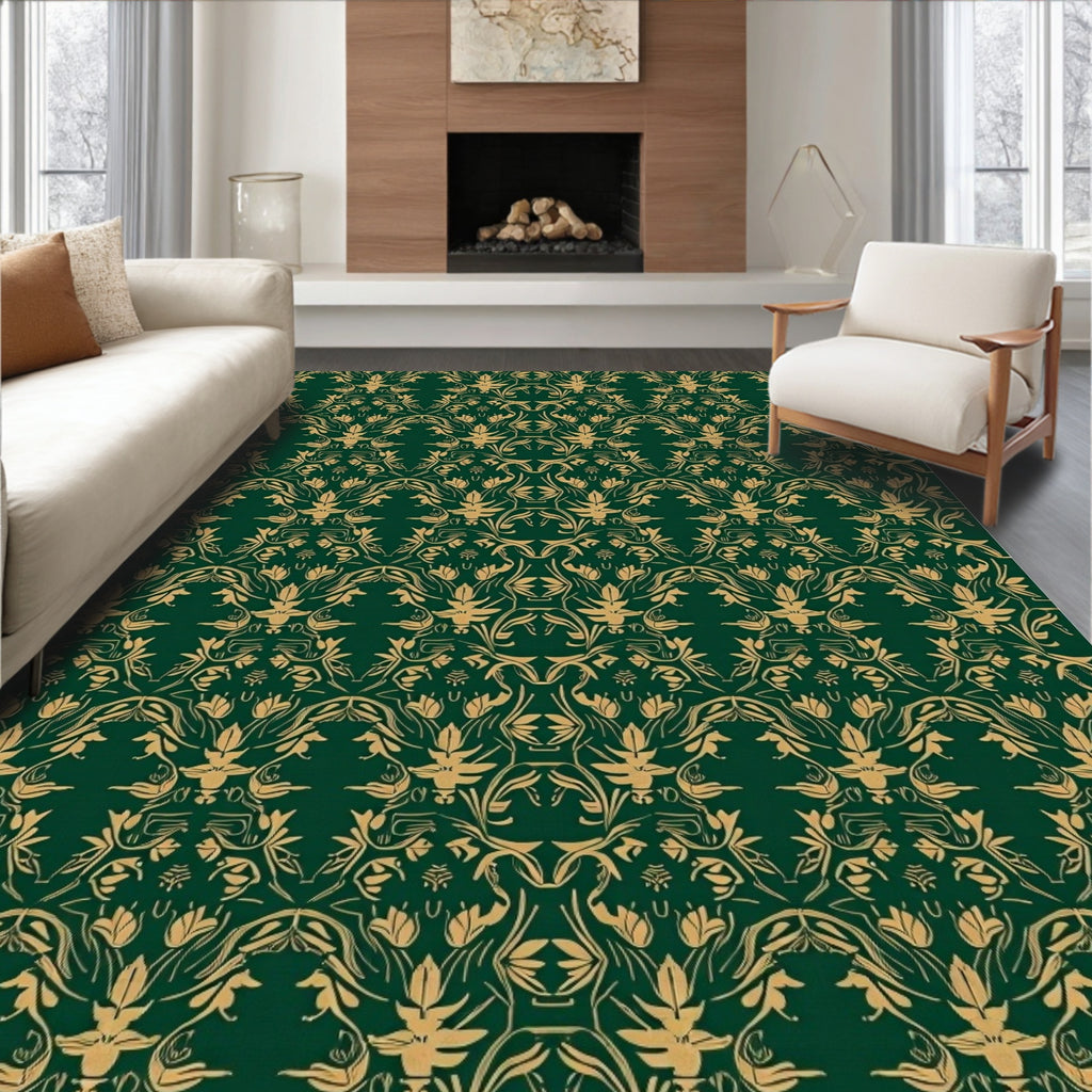 Emerald Gold Floral Damask Rug