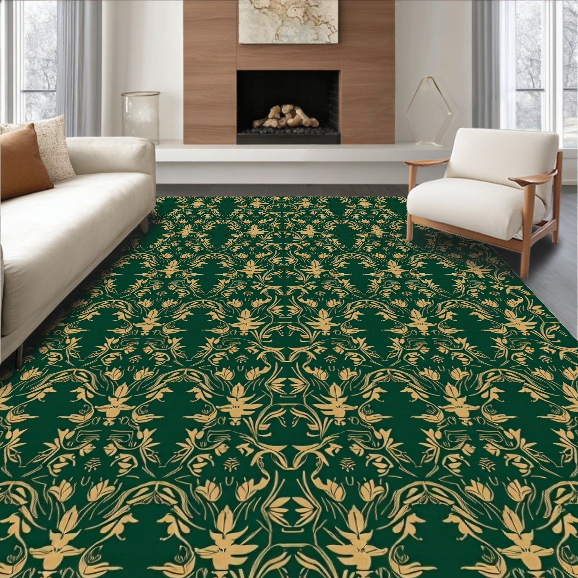 Emerald Gold Floral Damask Rug