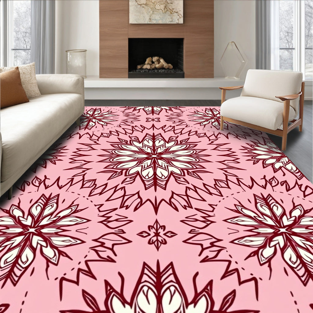 Crimson Floral Medallion Pink Background Rug