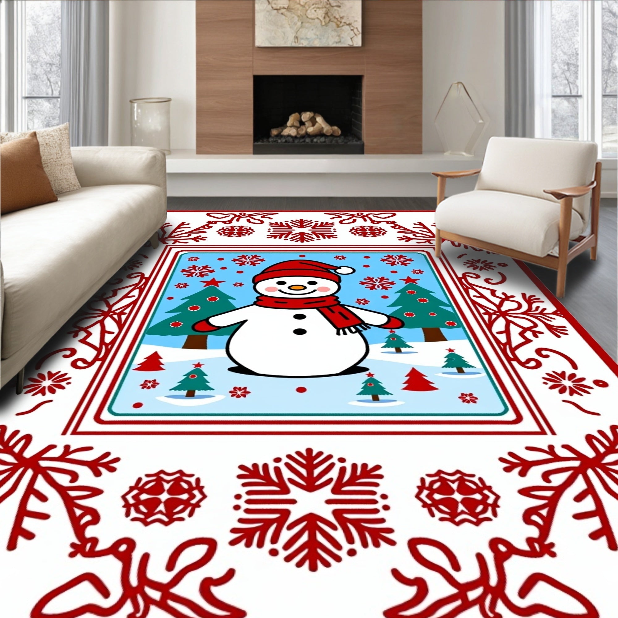 Festive Red Snowman Winter Scene Rug