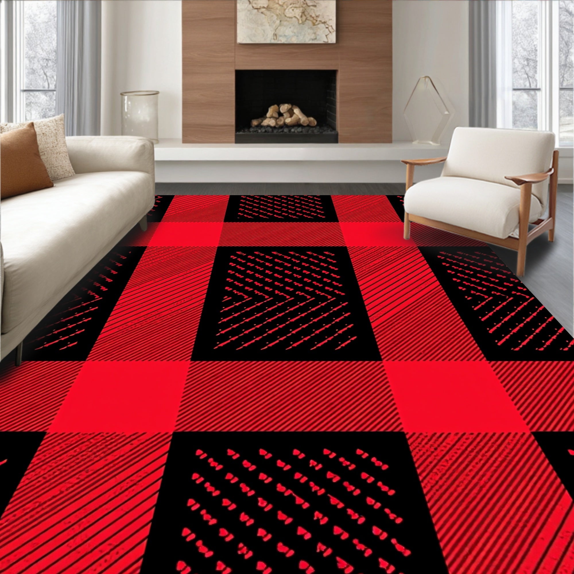 Bold Red Black Plaid Checkered Weave Rug