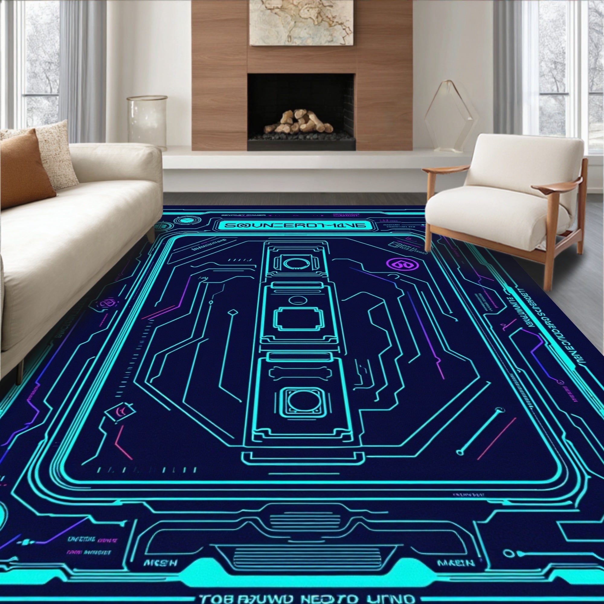 Blue Neon Circuit Command Center Rug