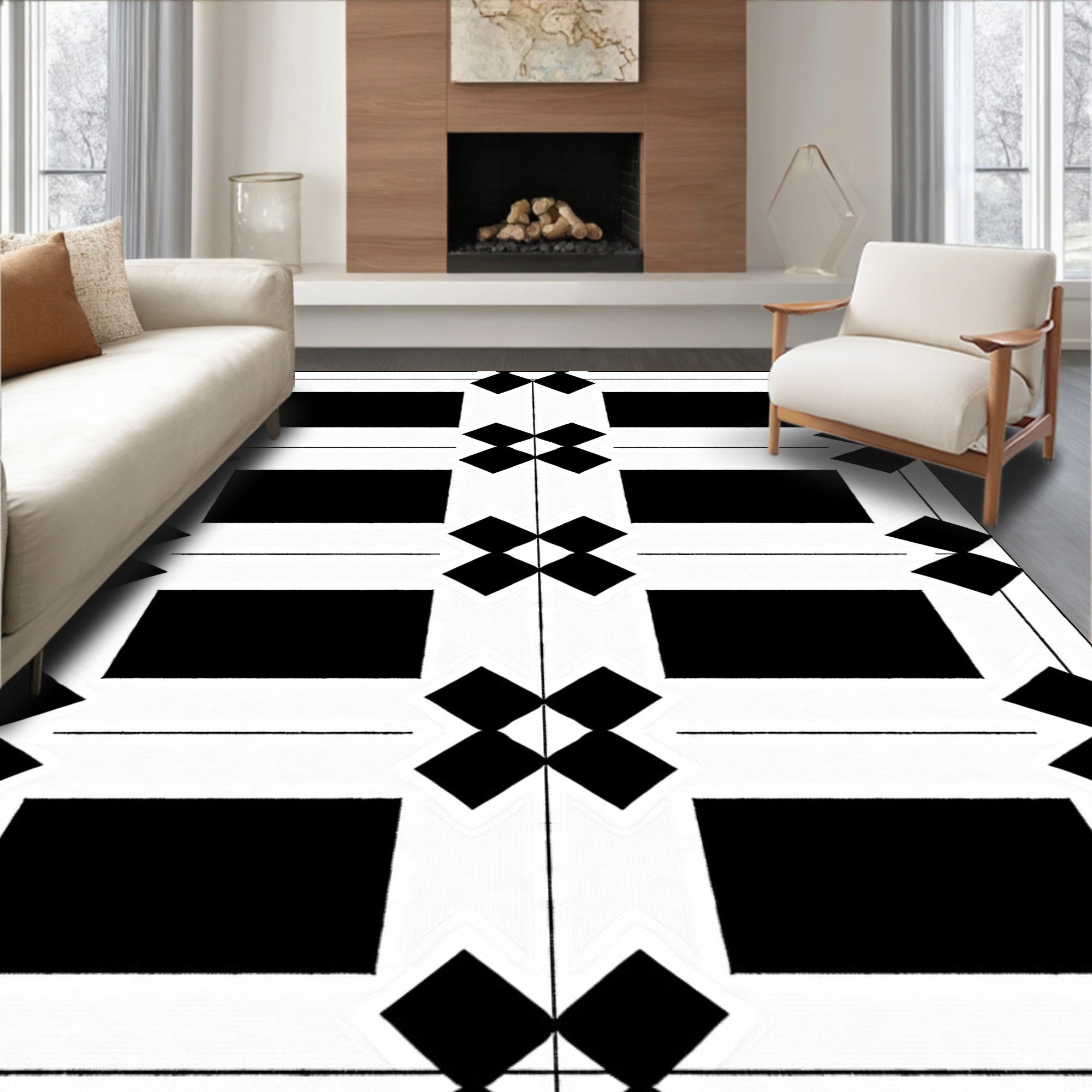 Bold Black White Geometric Diamond Grid Rug
