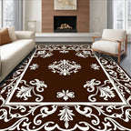Rich Brown Off-White Floral Frame Symmetry Rug