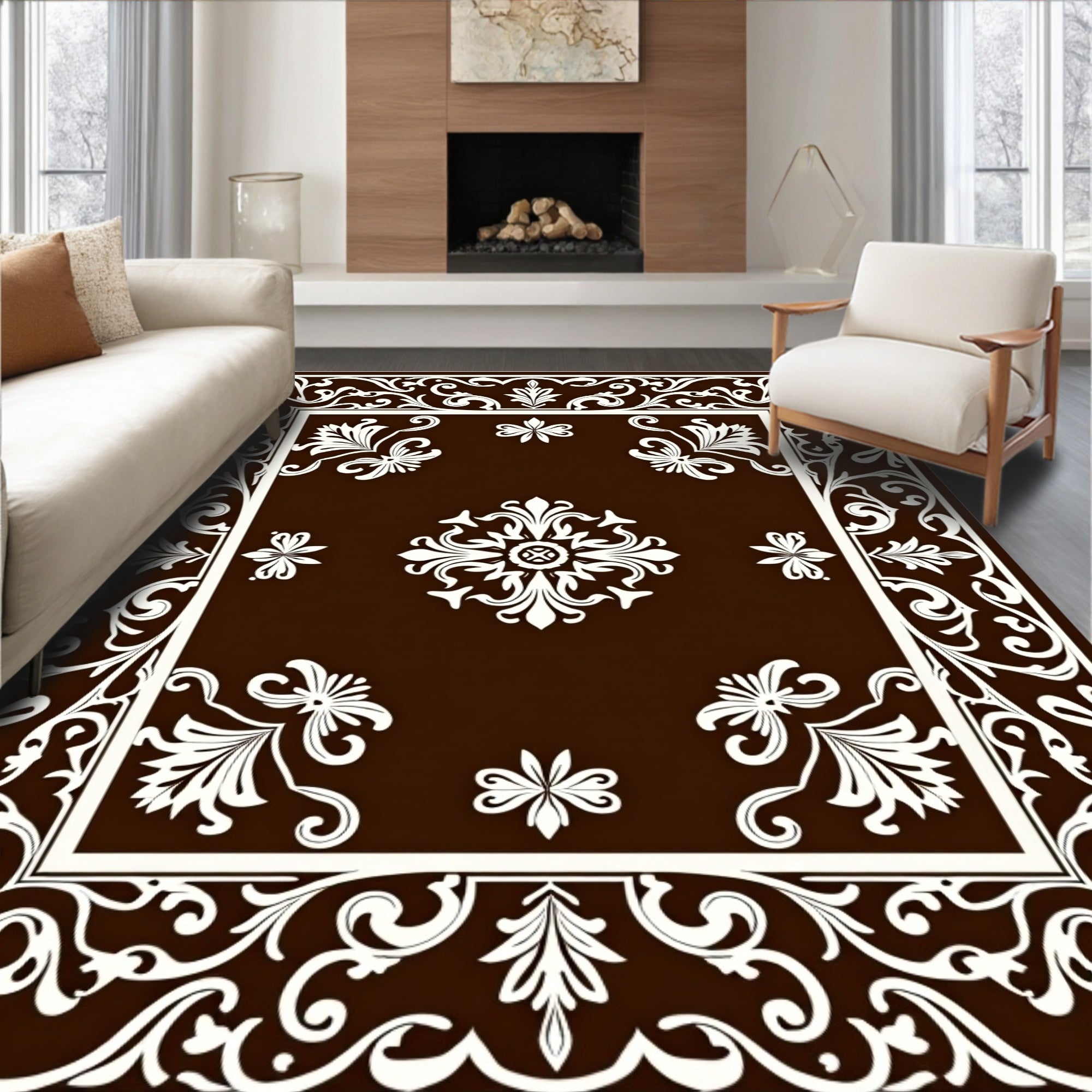 Rich Brown Off-White Floral Frame Symmetry Rug