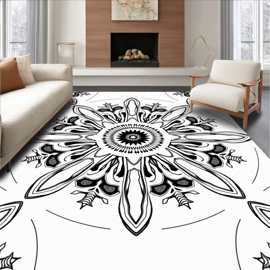Black White Geometric Starburst Medallion Rug