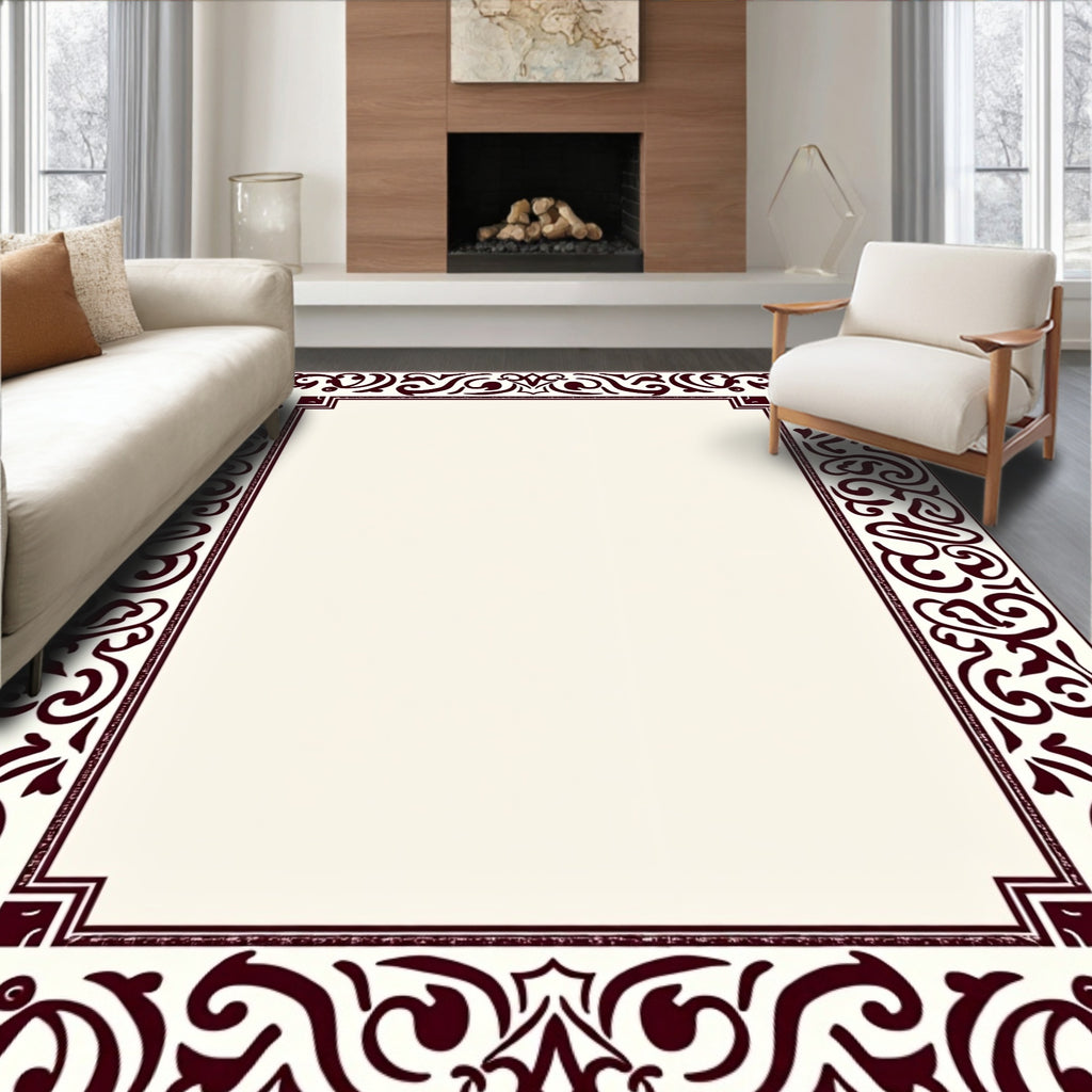 Deep Burgundy Ornate Scroll Border Rug