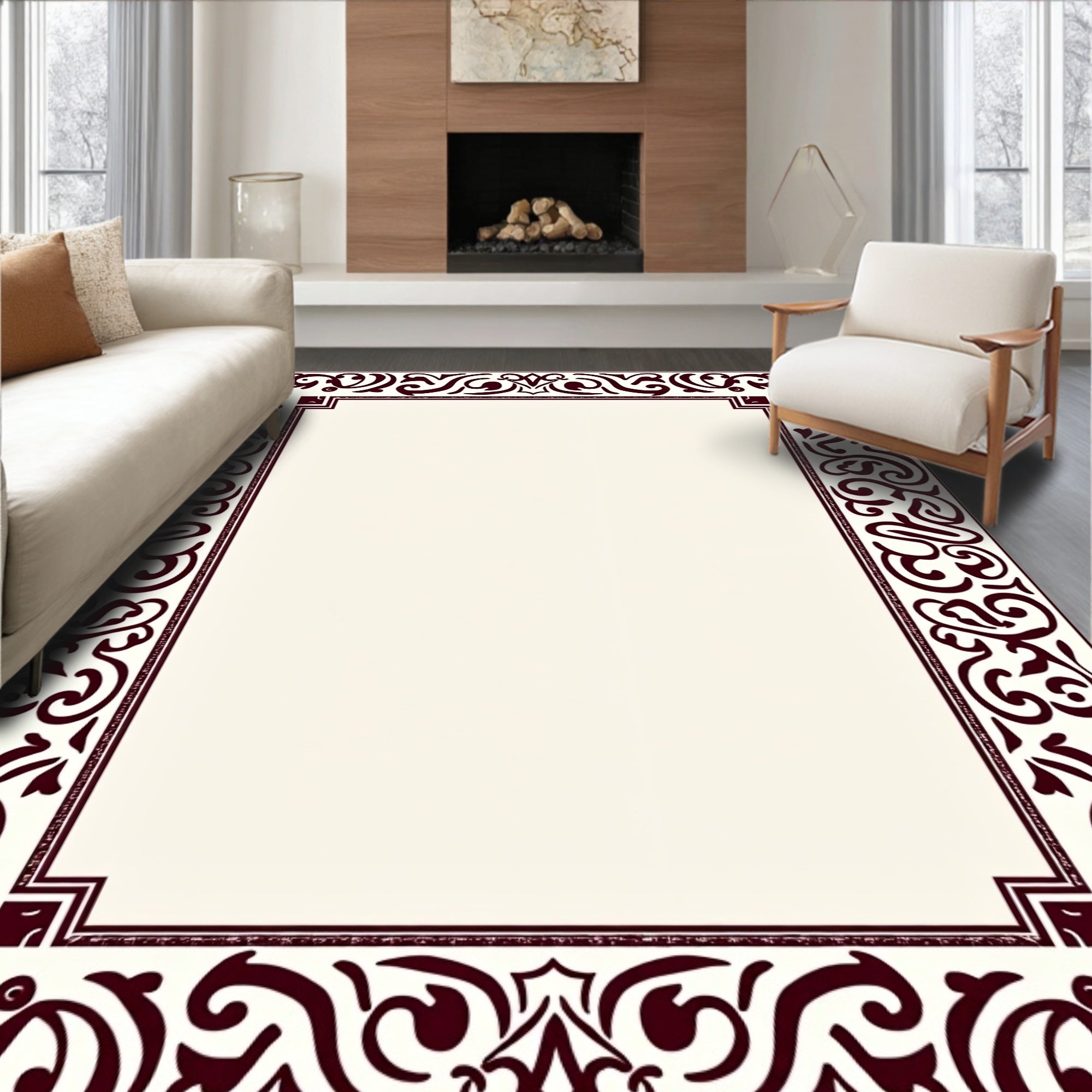 Deep Burgundy Ornate Scroll Border Rug