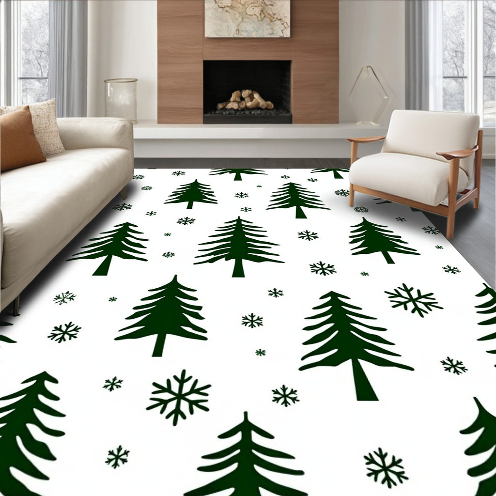 Dark Green Christmas Tree Snowflakes Rug