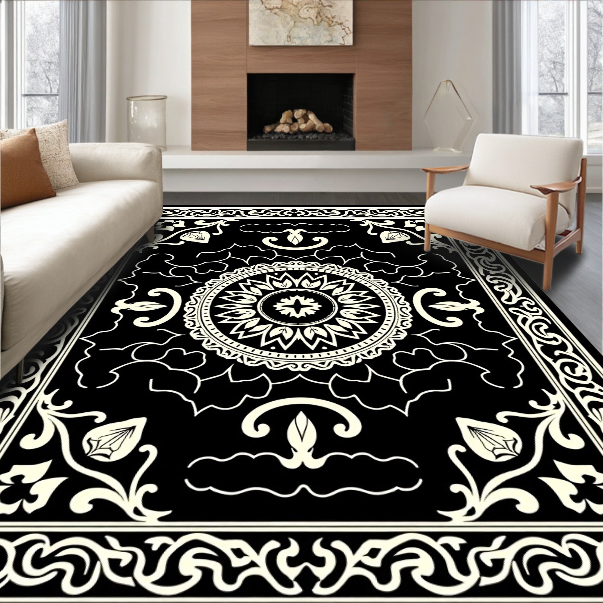 Black Ivory Floral Medallion Frame Rug