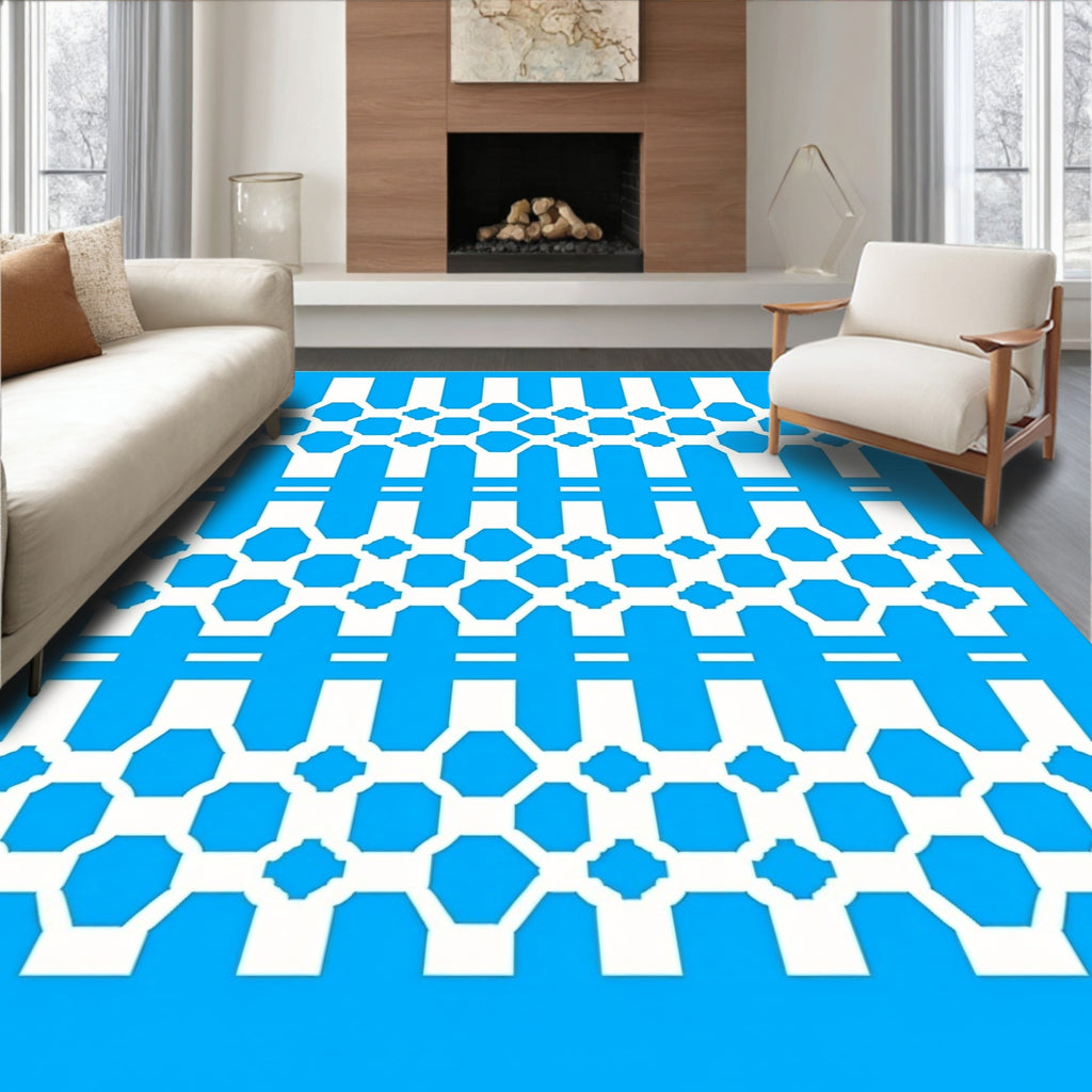 Bold Blue Octagon Geometric Grid Rug