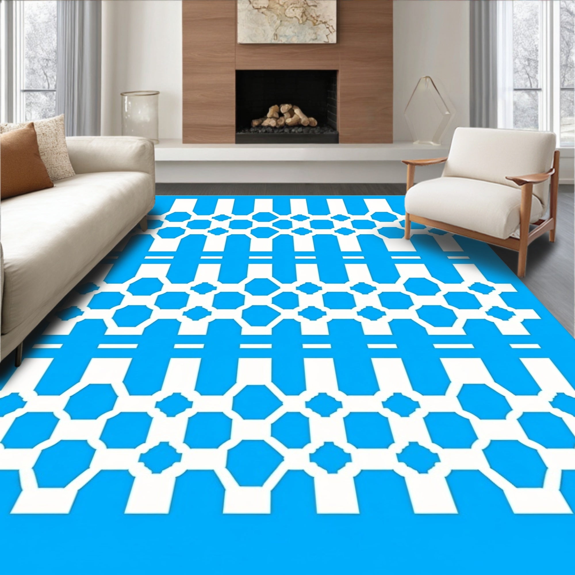 Bold Blue Octagon Geometric Grid Rug