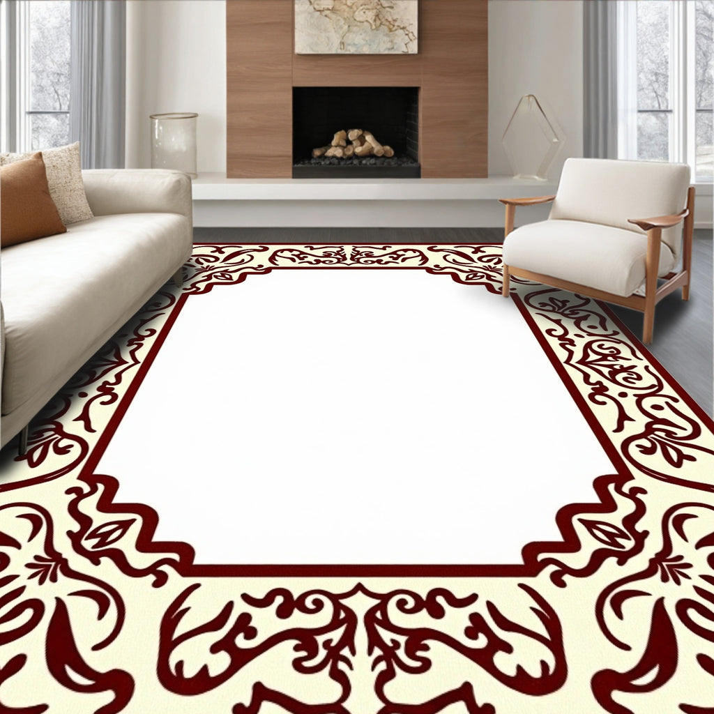 Crimson Floral Border Cream Background Rug