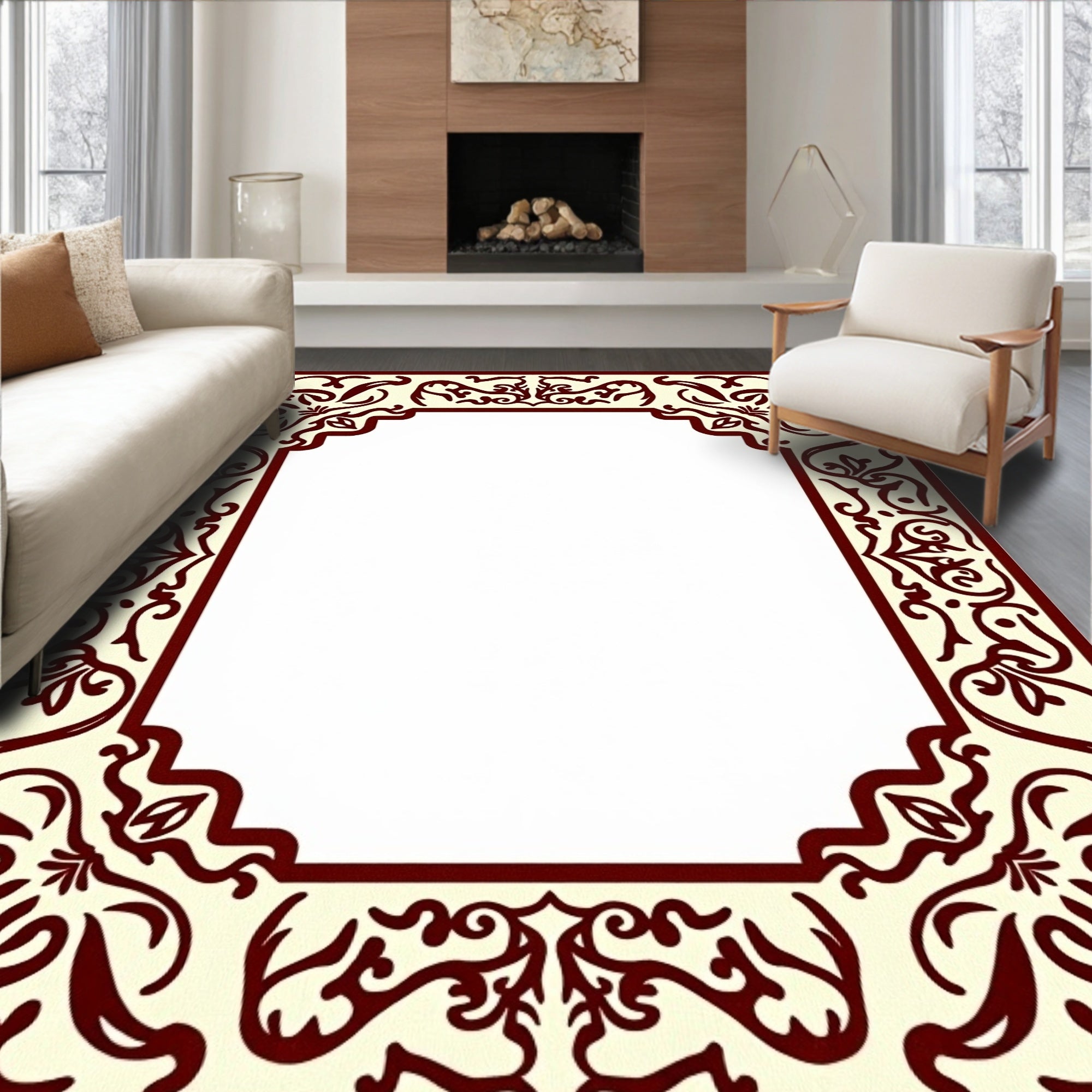 Crimson Floral Border Cream Background Rug