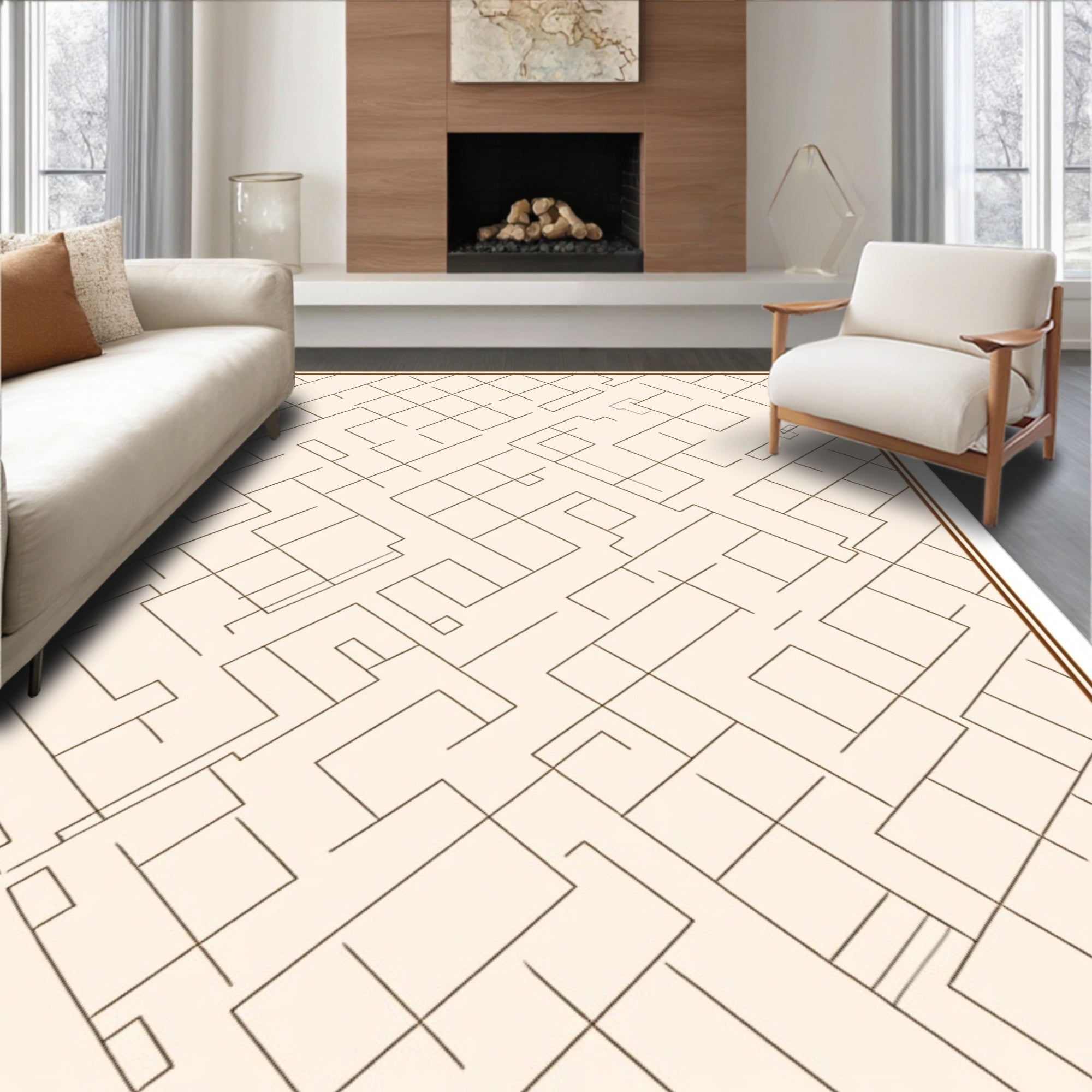 Beige Textured Geometric Labyrinth Rug