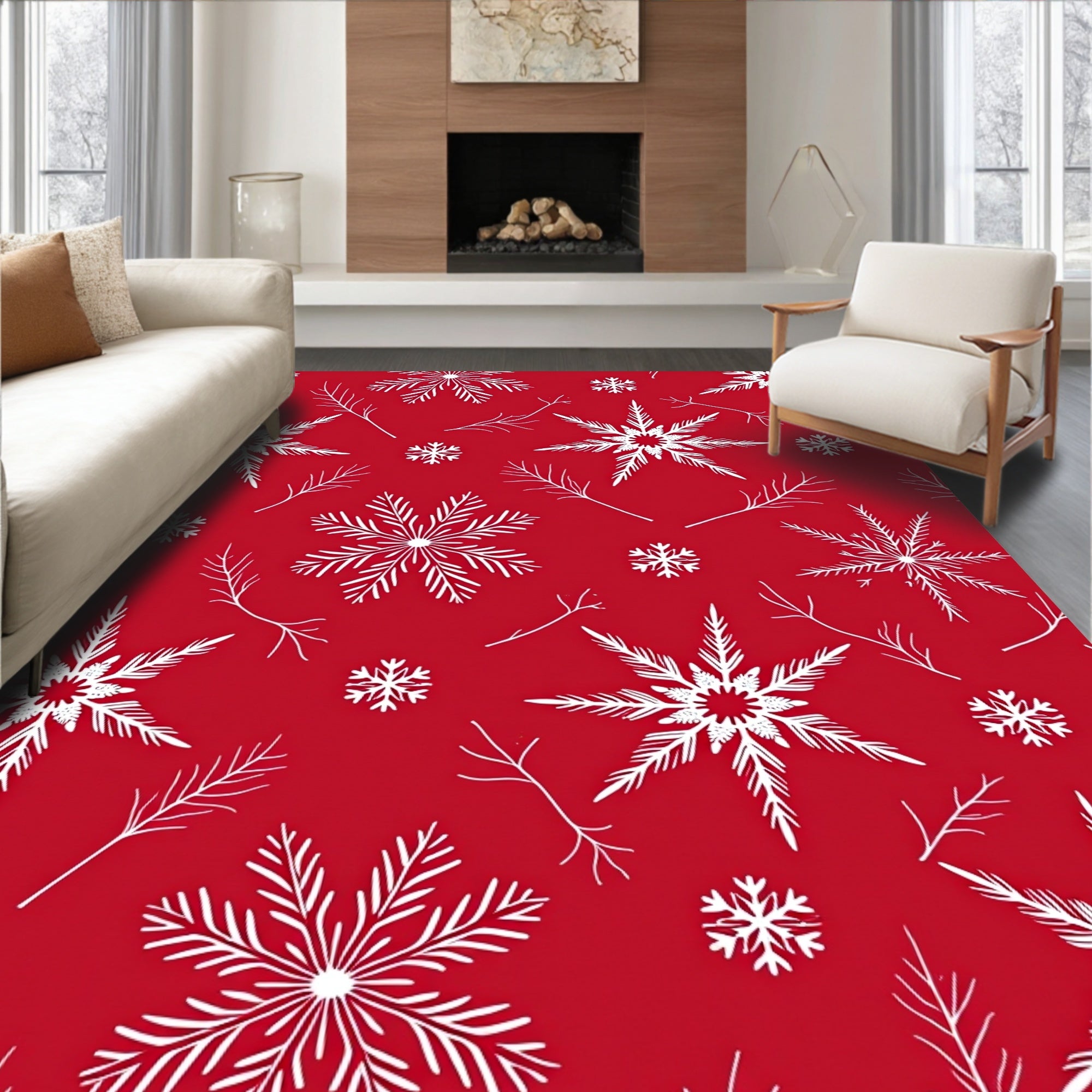 Crimson White Snowflake Winter Branch Rug
