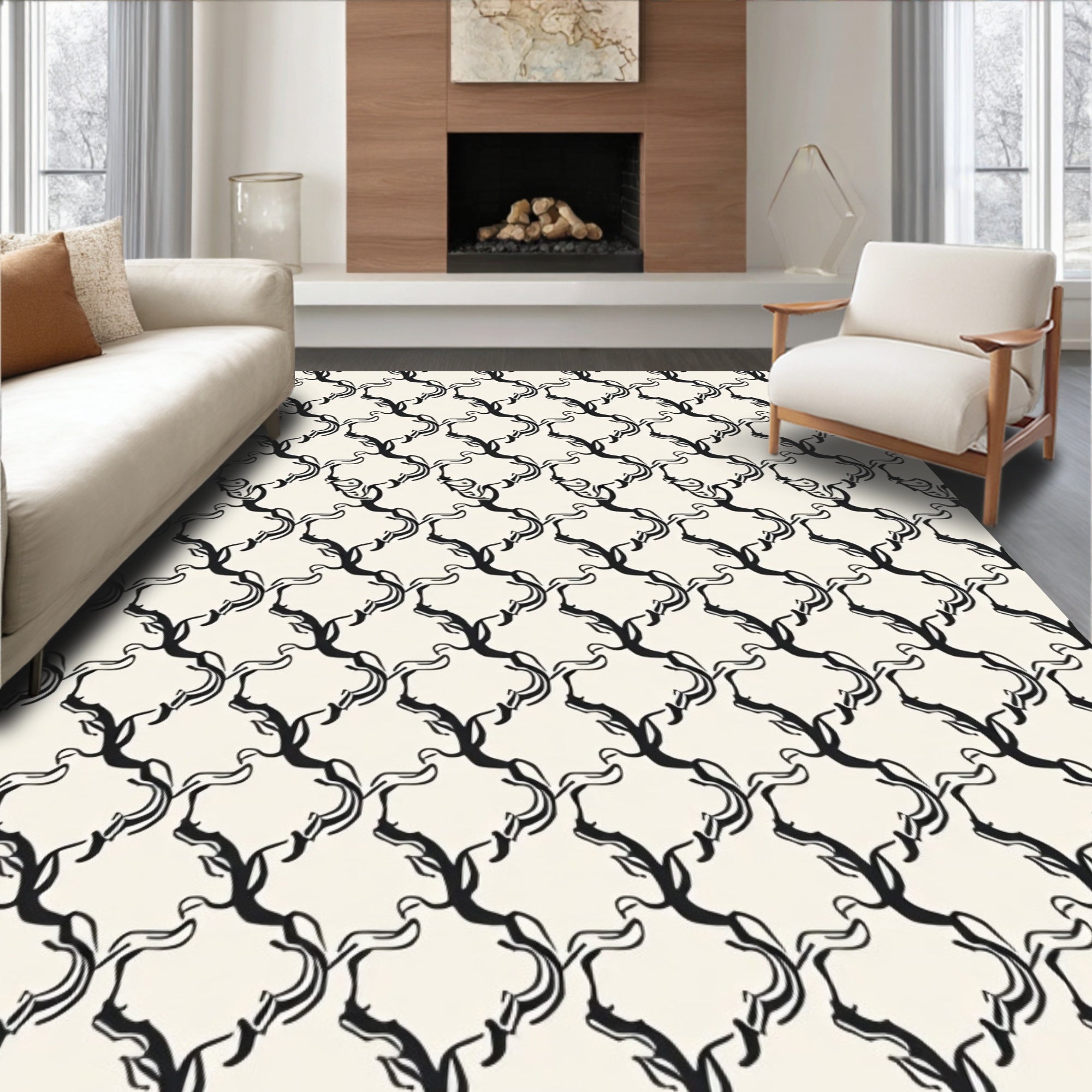 Monochromatic Ink Vine Lattice Rug
