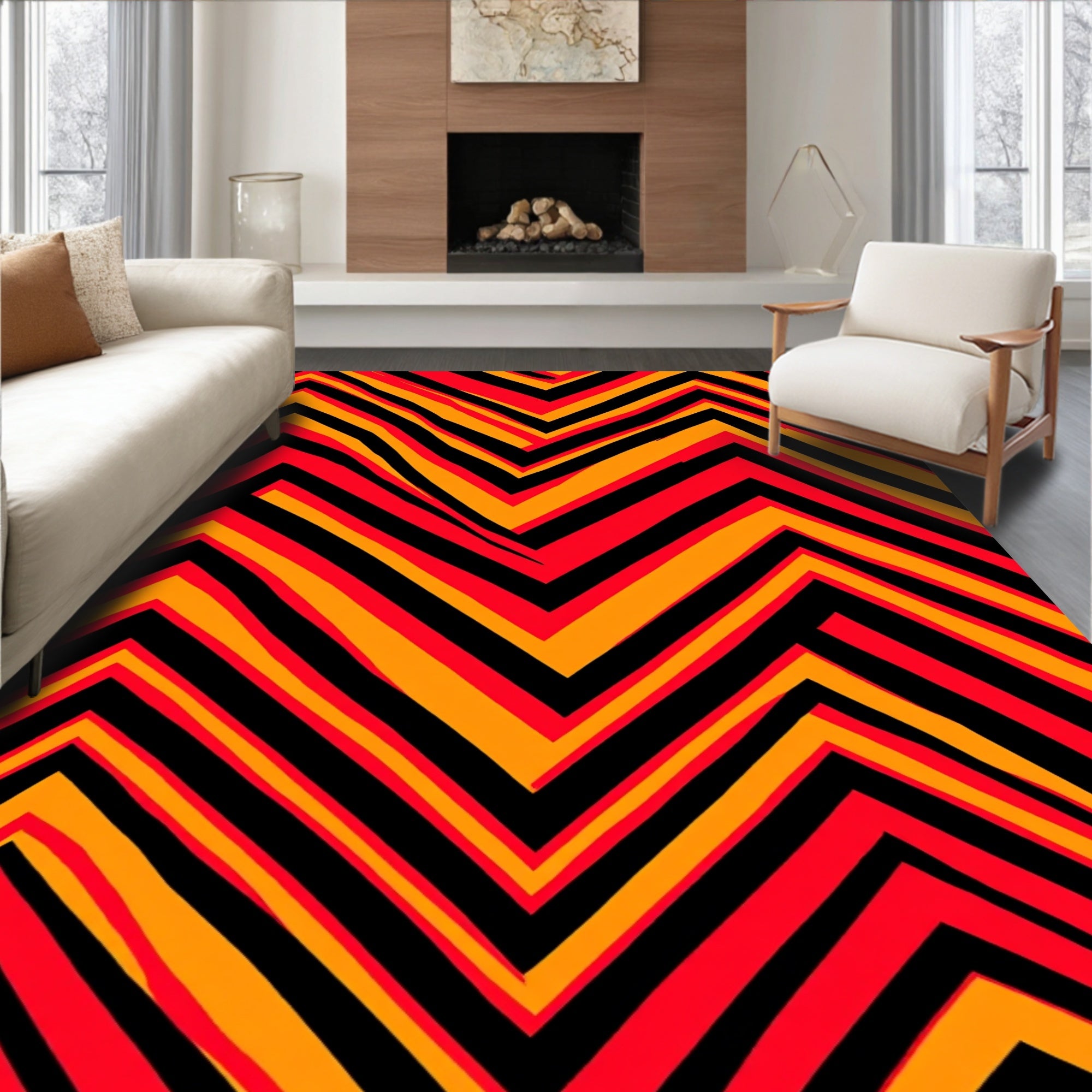 Vibrant Red Orange Zigzag Stripe Rug