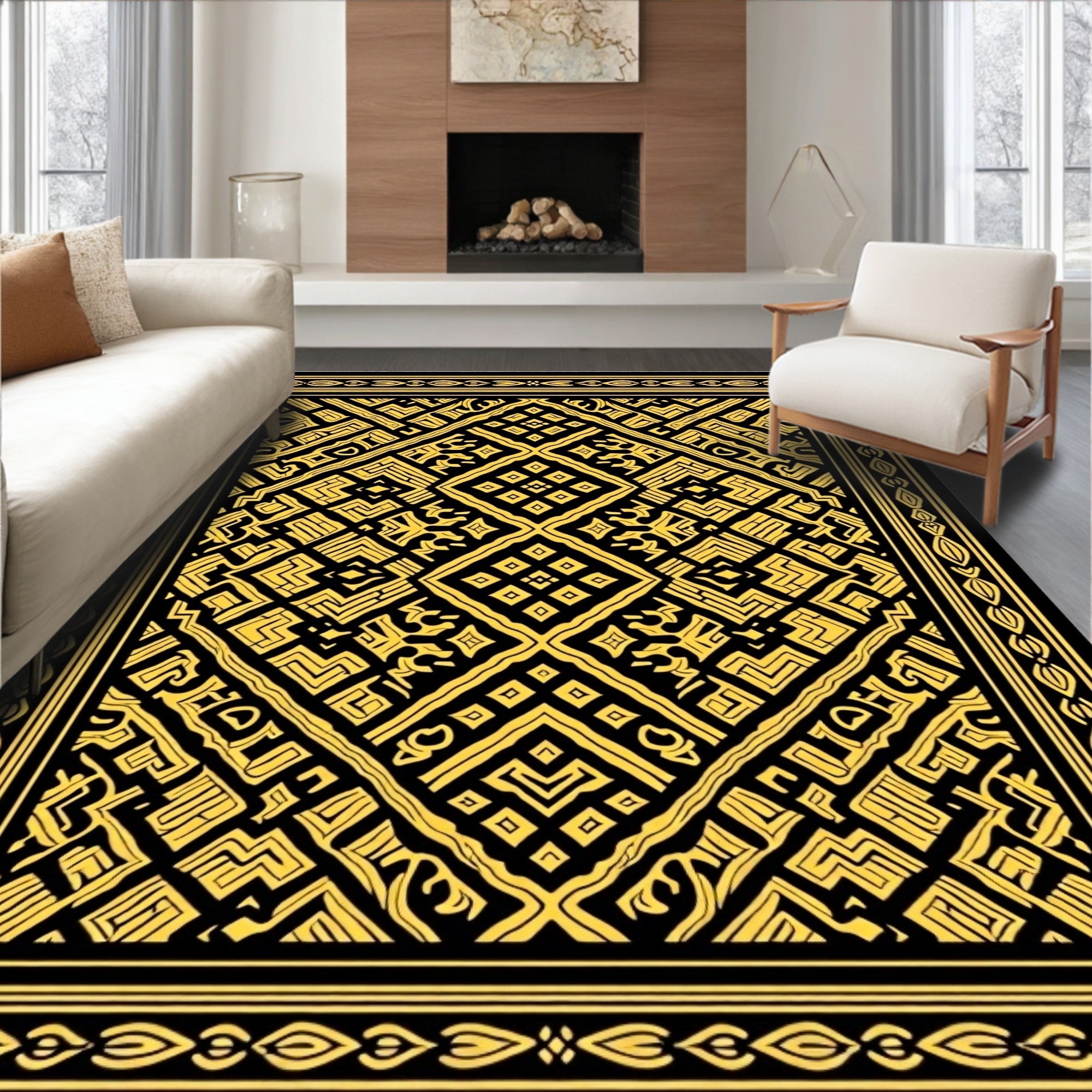 Geometric Black Gold Diamond Medallion Rug